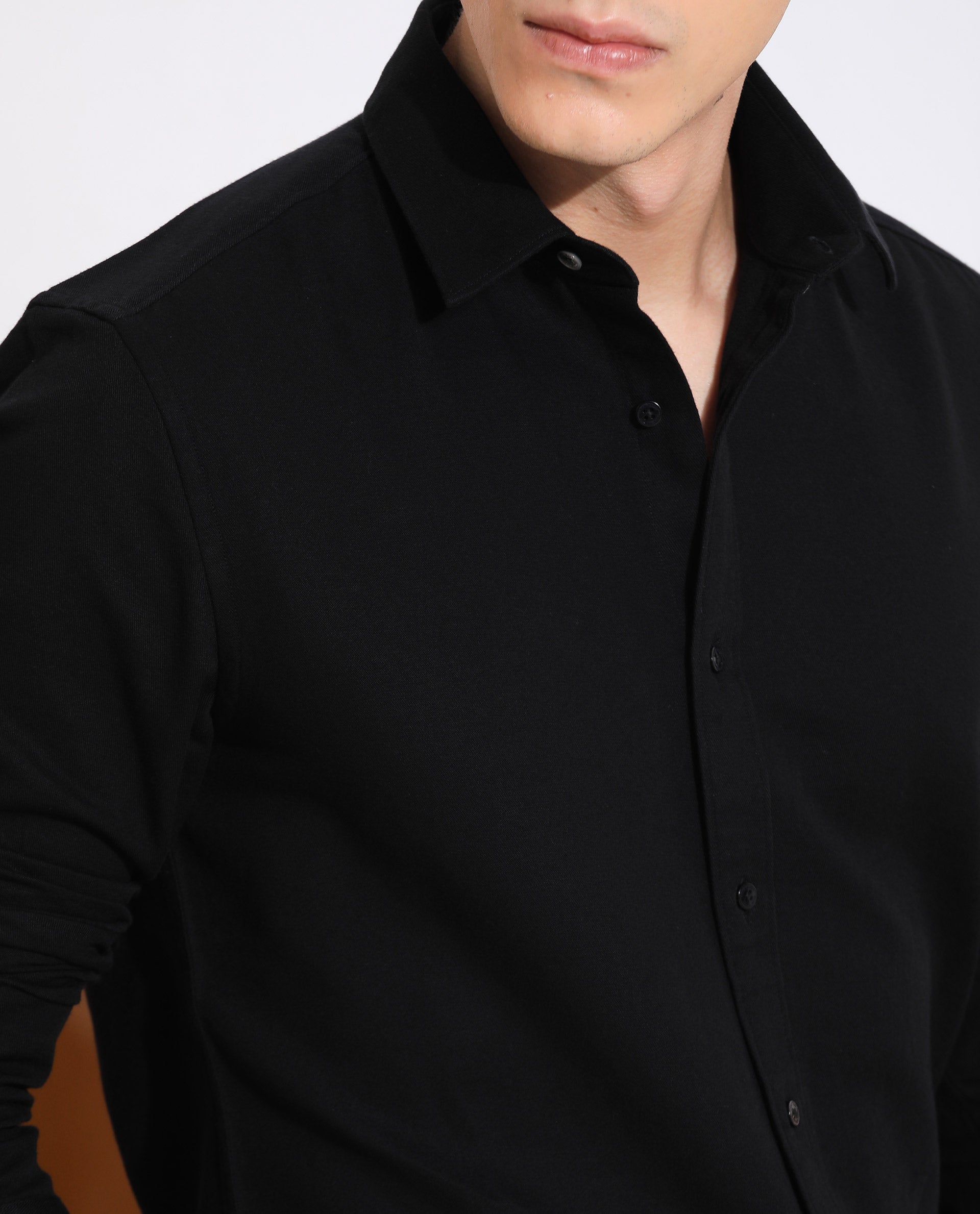 Rare Rabbit Mens Otago Black Cotton Fabric Full Sleeves Regular Fit Solid Shirt