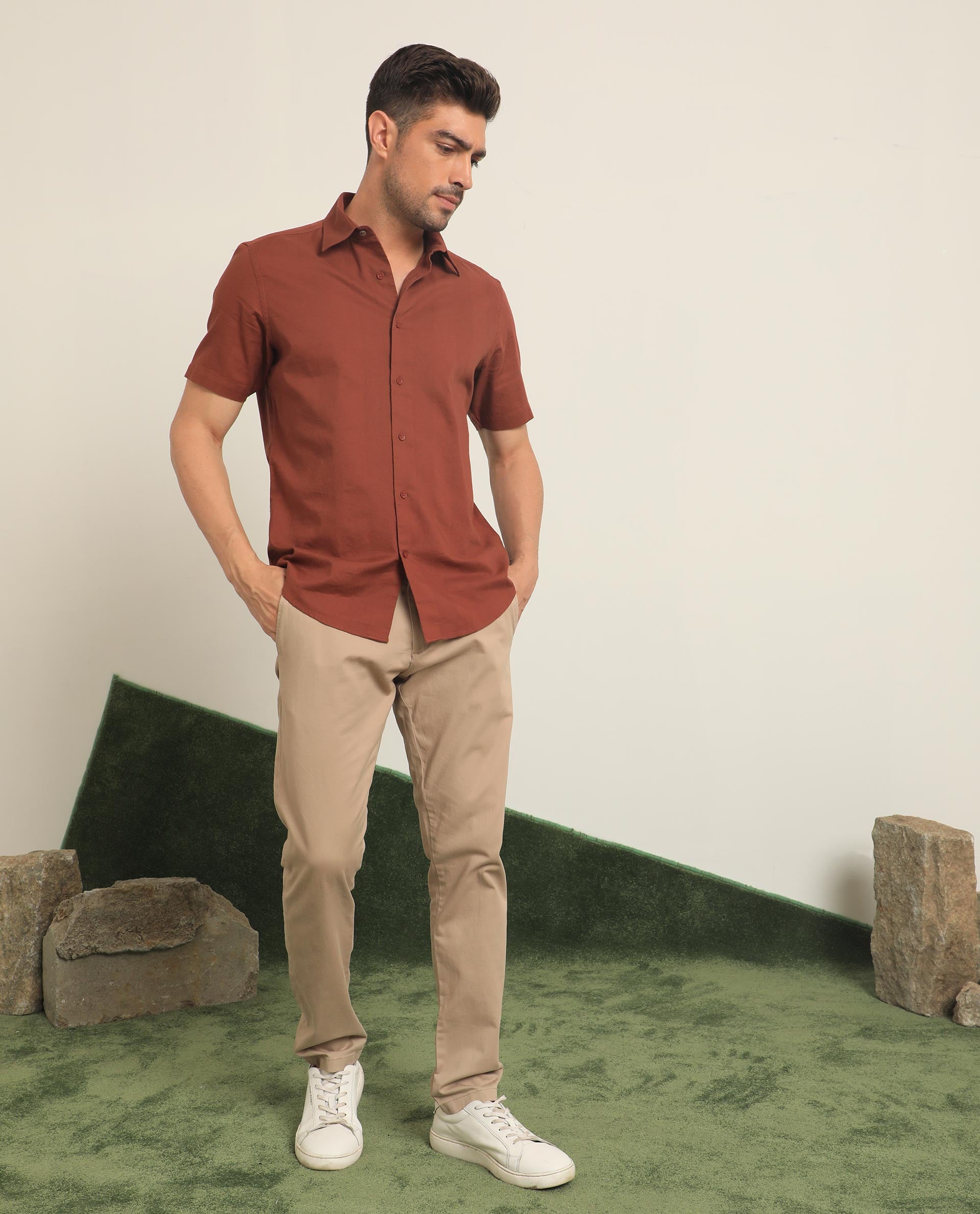 Rare Rabbit Men's Matto Rust Cotton Fabric Short Sleeve Regular Fit Self Stripe Dobby Shirt