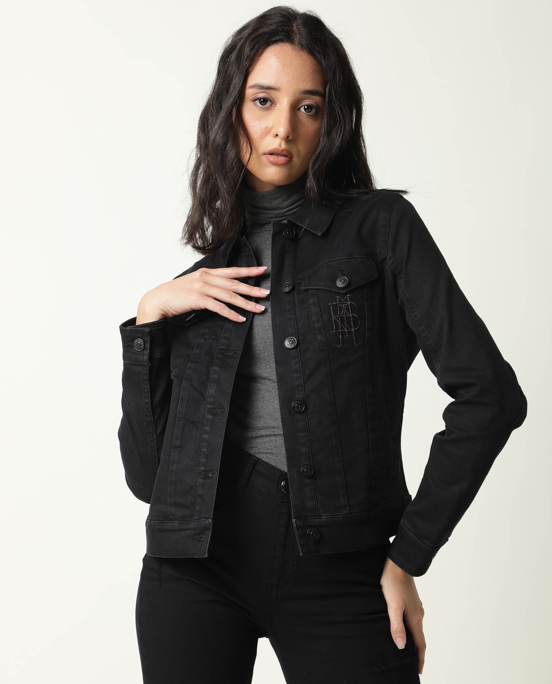 Rareism Women Misso Black Cotton Lycra Fabric Full Sleeves Solid Shirt Collar Jacket