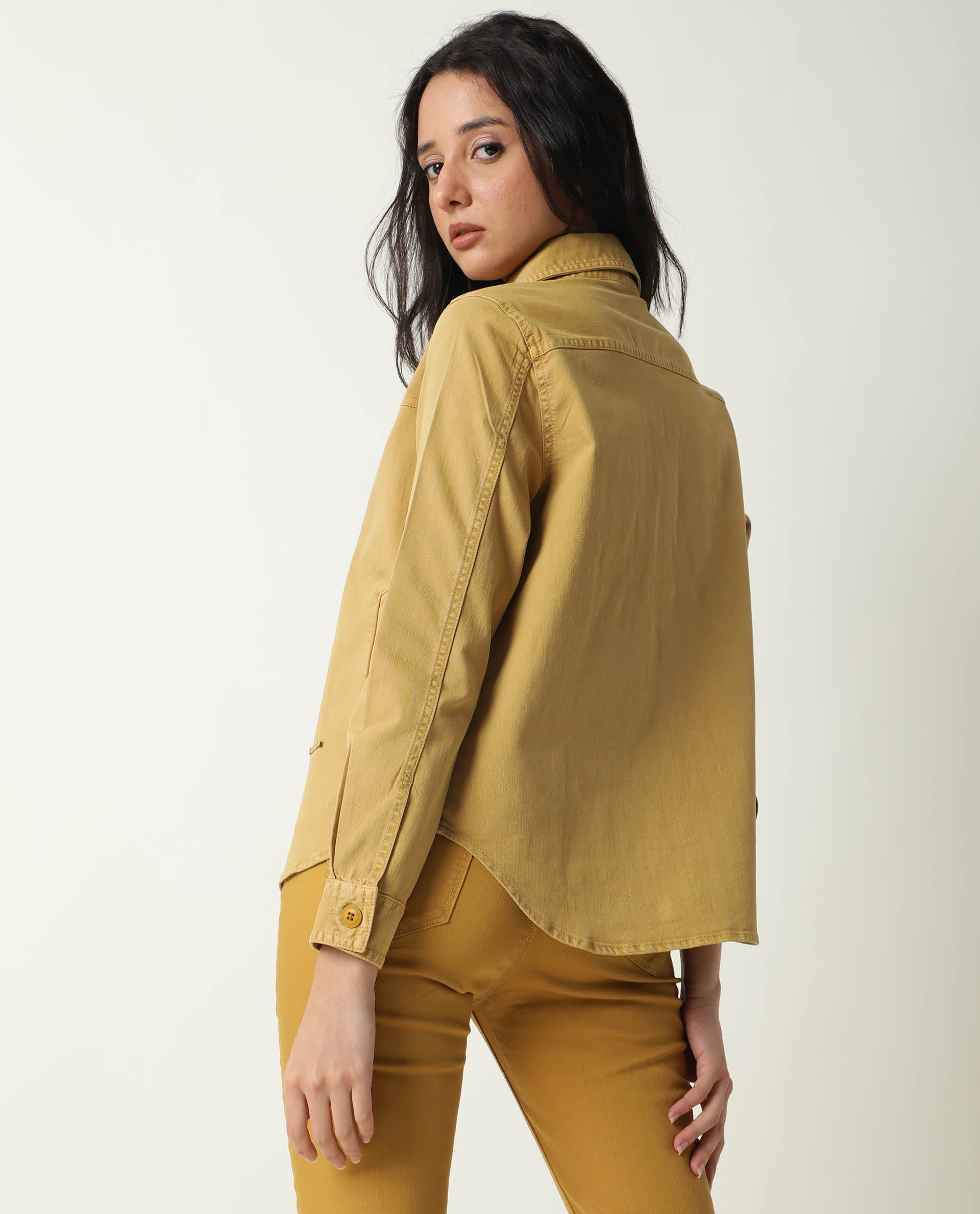 Rareism Women Mission Mustard Cotton Lycra Fabric Full Sleeves Solid Shirt Collar Jacket
