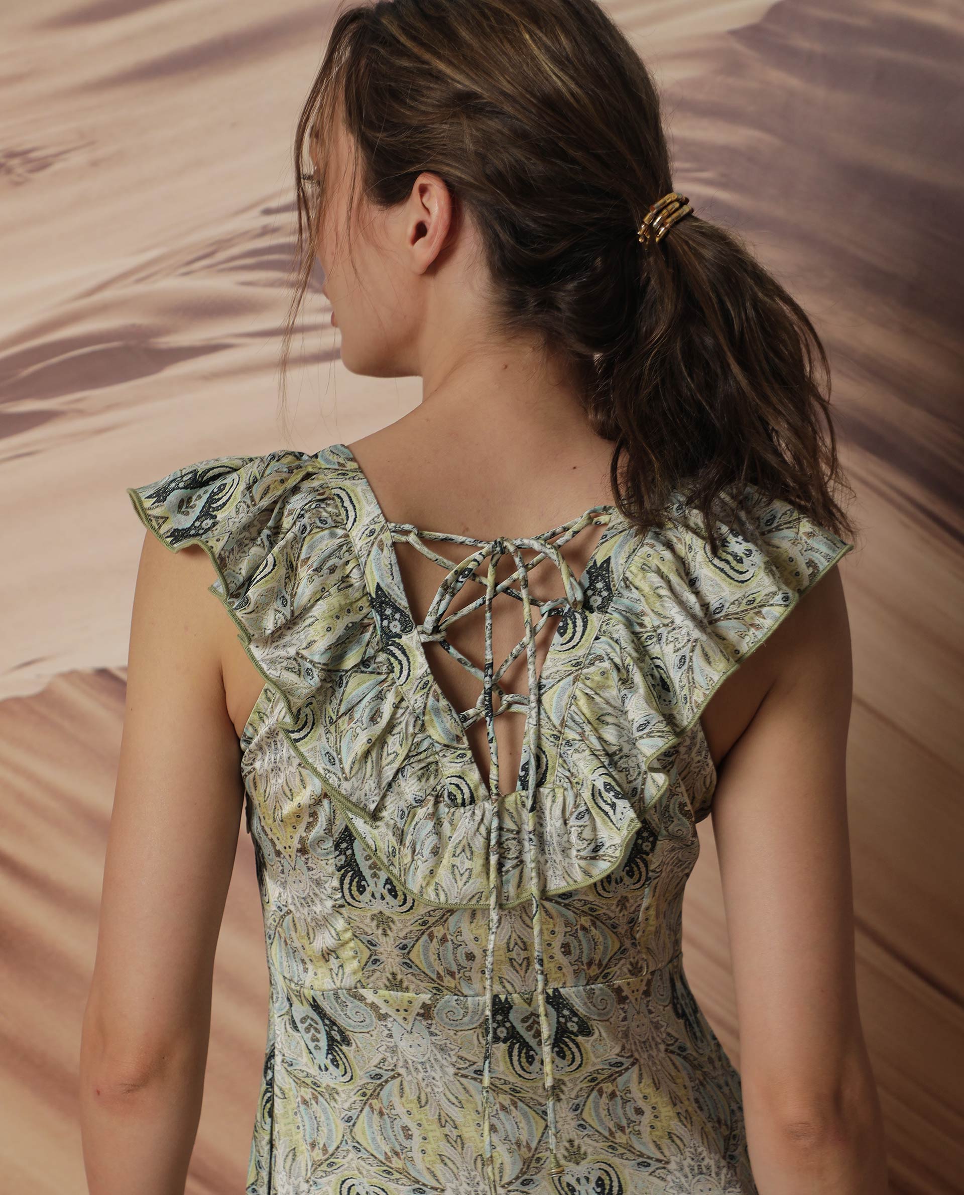 Rareism Women Aishia Off White Polyester Fabric Ruffled Neck Sleeveless Regular Fit Paisley Print Midi A-Line Dress