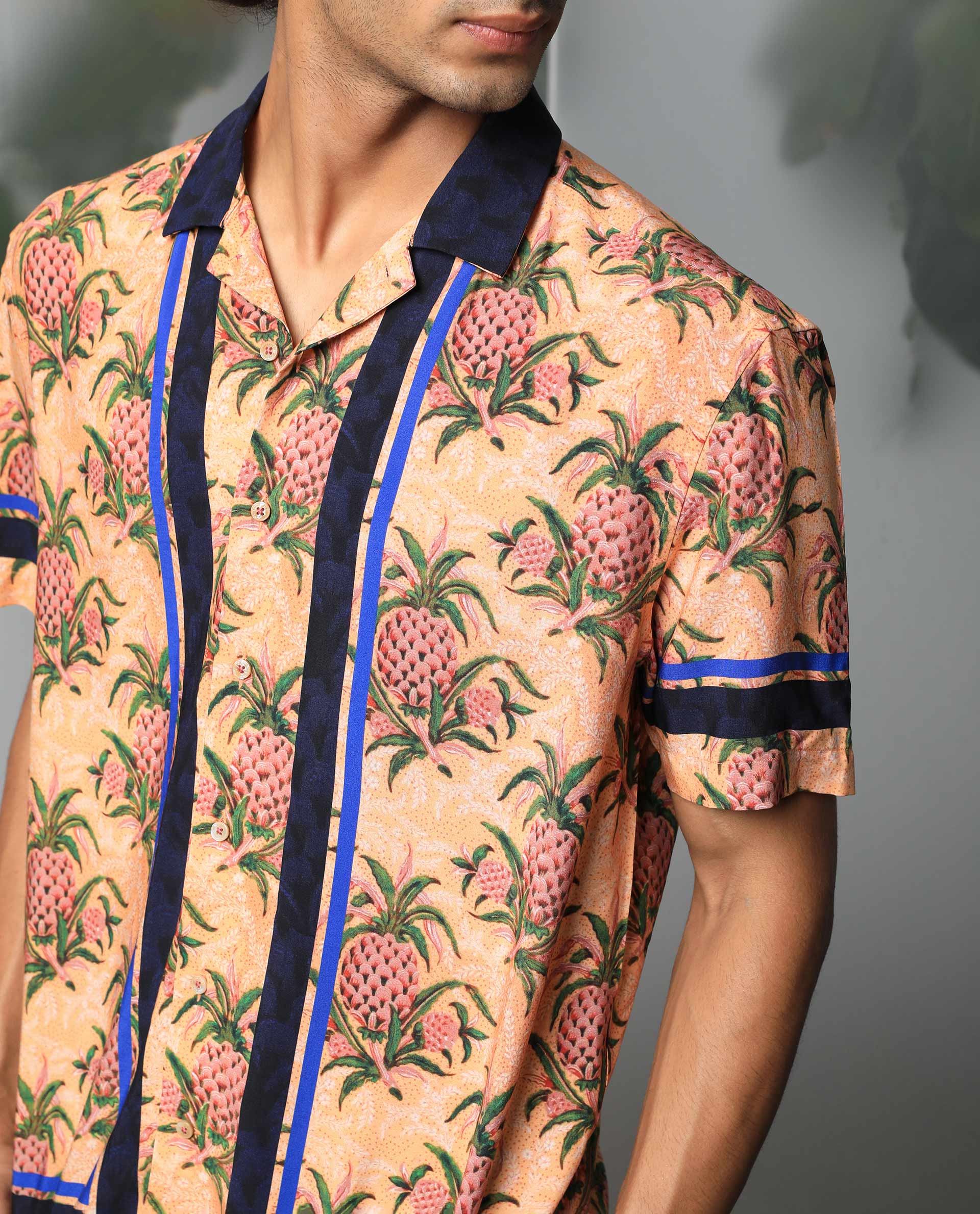 Rare Rabbit Men's Banes Beige Cotton Fabric Cuban Collar Floral Print Half Sleeves Shirt