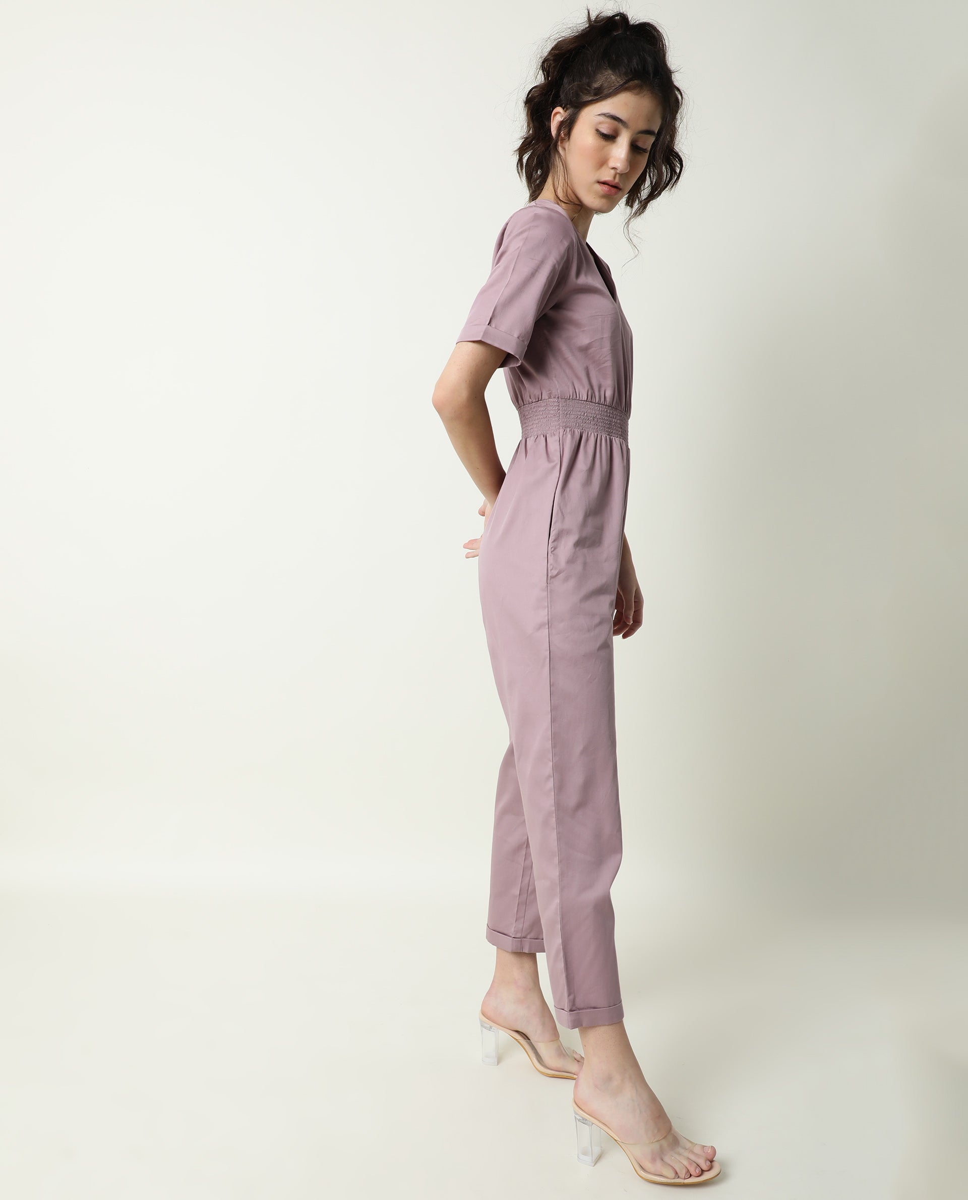 Rareism Women Husky Dusky Pink Cotton Satin Fabric Regular Fit Ankle Length Solid Jumpsuit