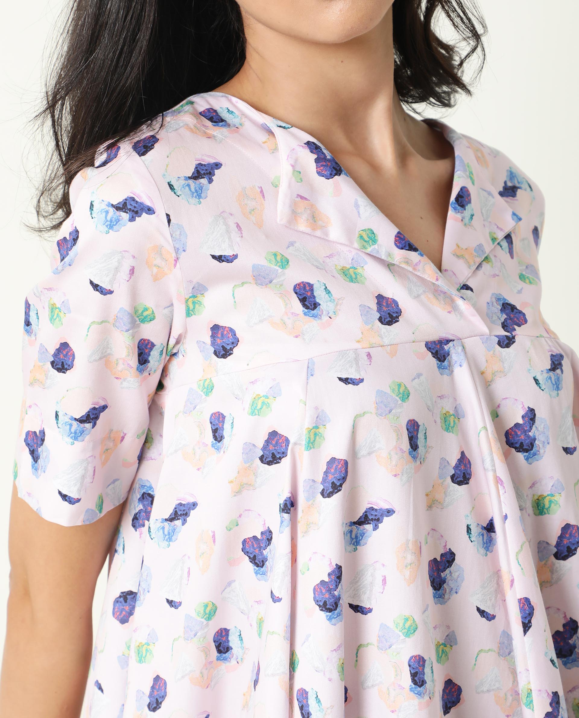 Rareism Women Allia Pink Printed Overlap Lapel Collar Short Sleeves Flared Mini Dress