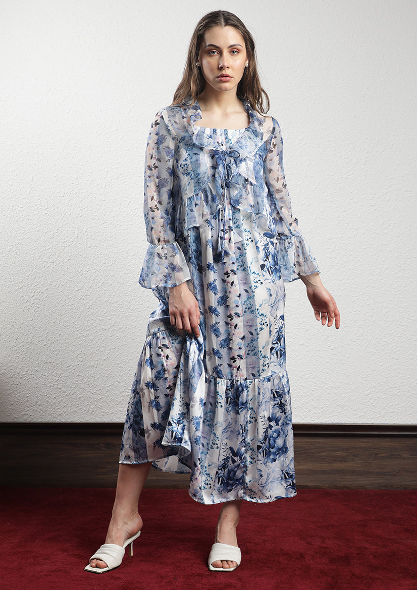 Rareism Women Julieta Light Blue Polyester Fabric Full Sleeves Drawstring Closure V-Neck Bell Sleeve Regular Fit Abstract Print Shrug