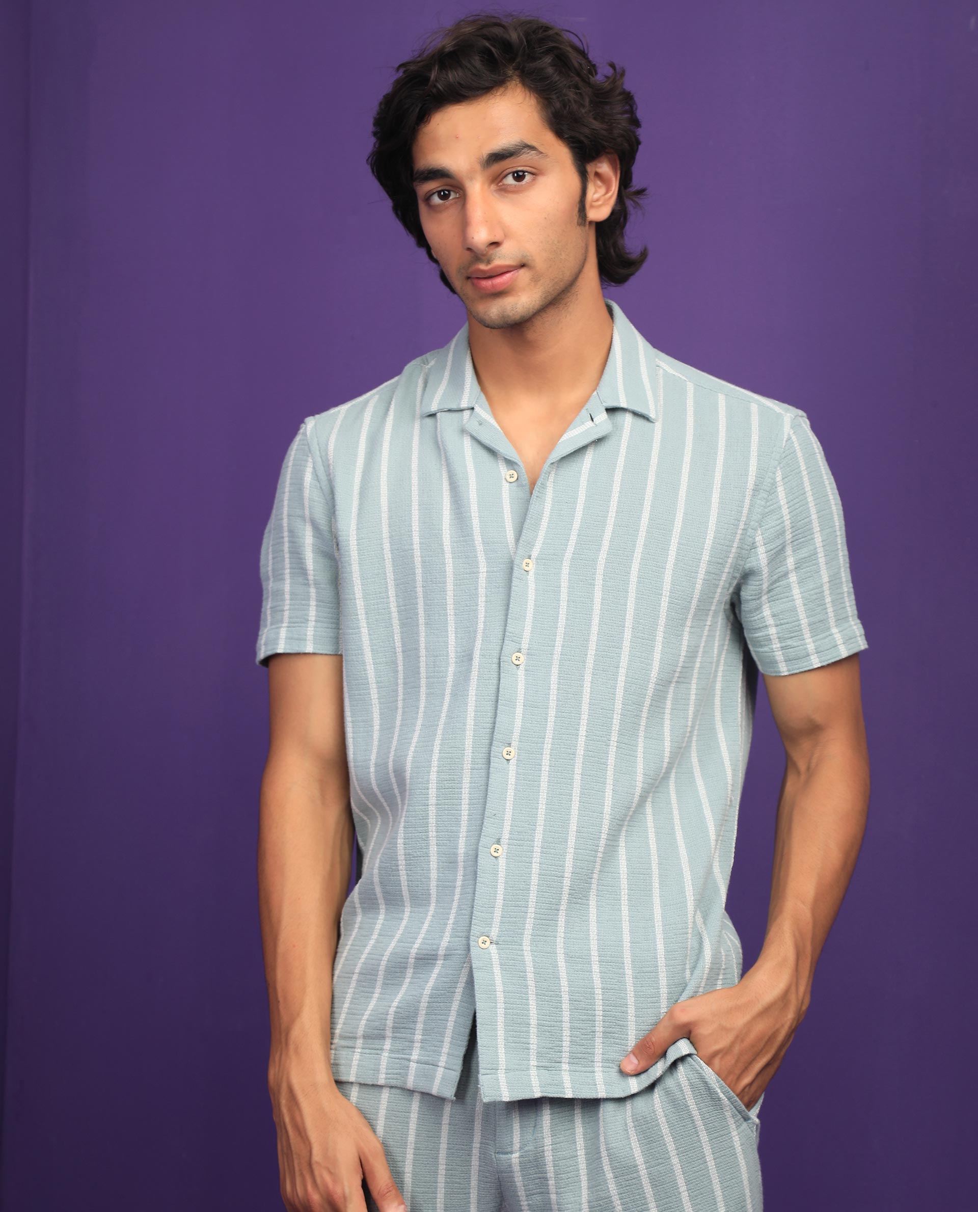 Rare Rabbit Men's Nanos Pastel Green Cotton Fabric Cuban Collar Half Sleeves Loosely Knit Stripe Shirt