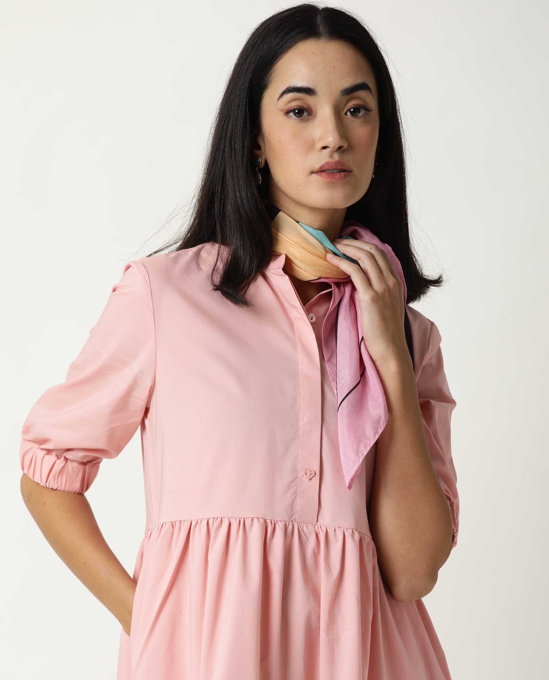 Rareism Women Alena Pink Mandarin Collar 3/4 Sleeves With Pocket Tiered Knee Length Dress