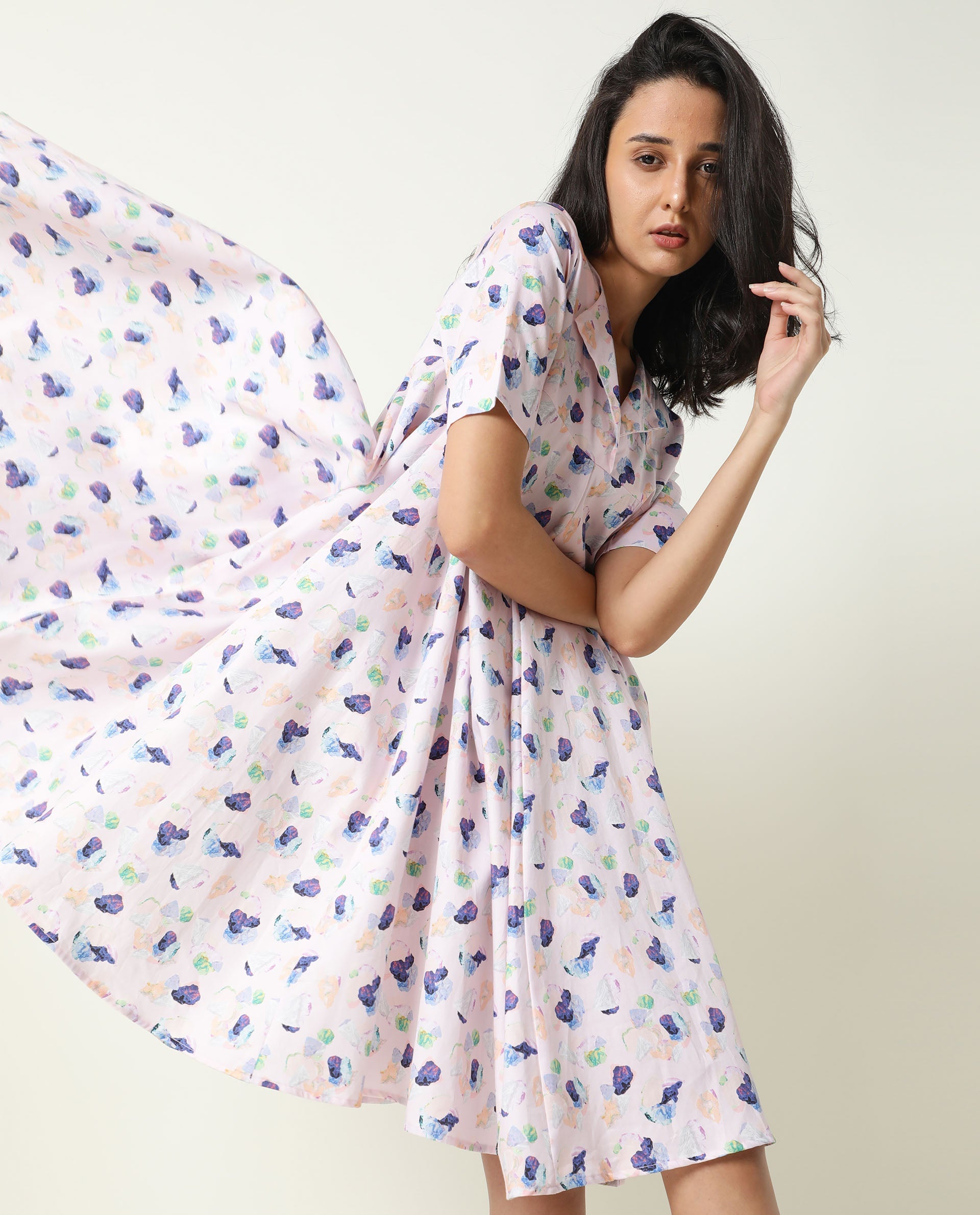 Rareism Women Allia Pink Printed Overlap Lapel Collar Short Sleeves Flared Mini Dress