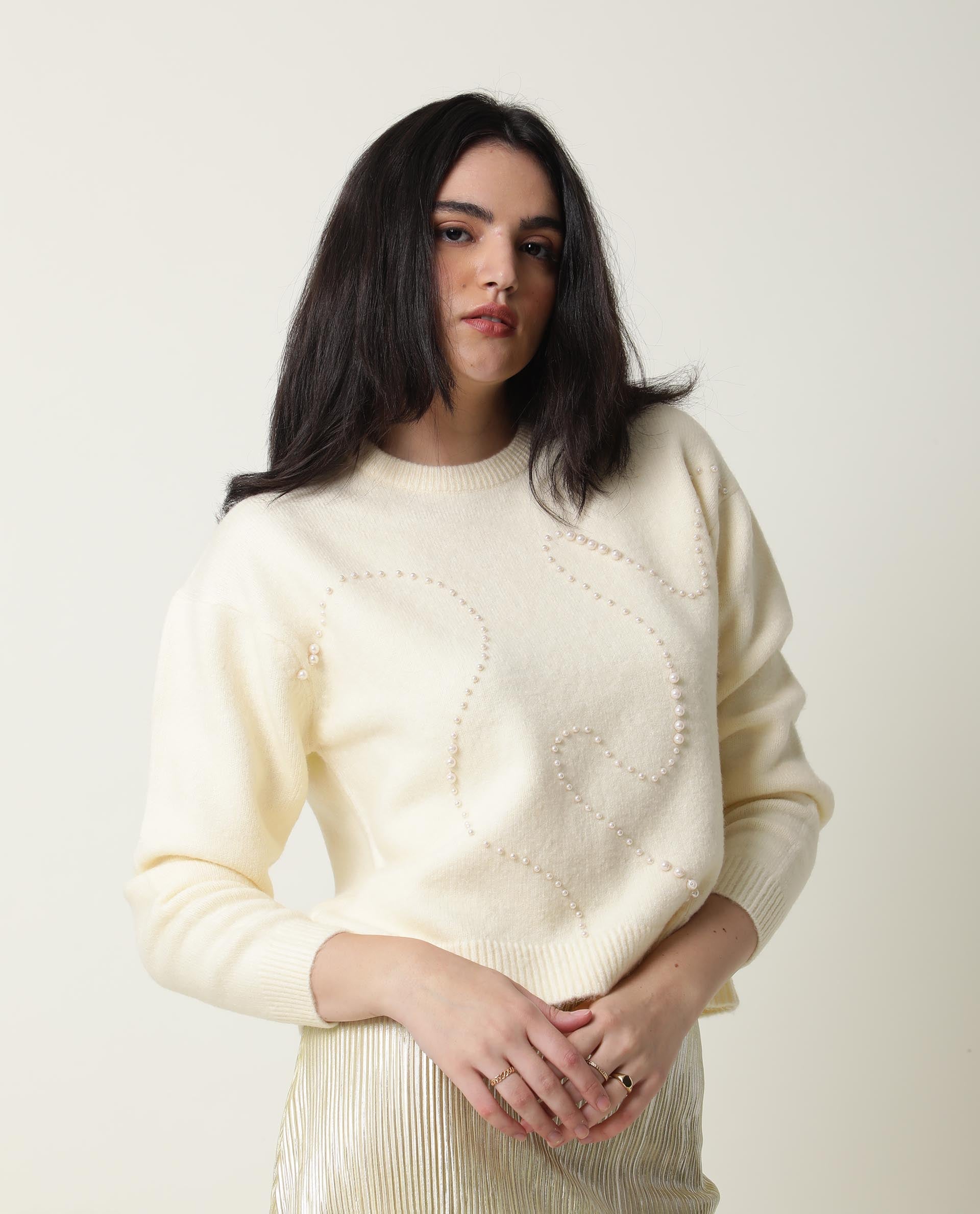 Rareism Women Tulsy Off White Acrylic Fabric Full Sleeves Knee Length Regular Fit Sequined Round Neck Sweater