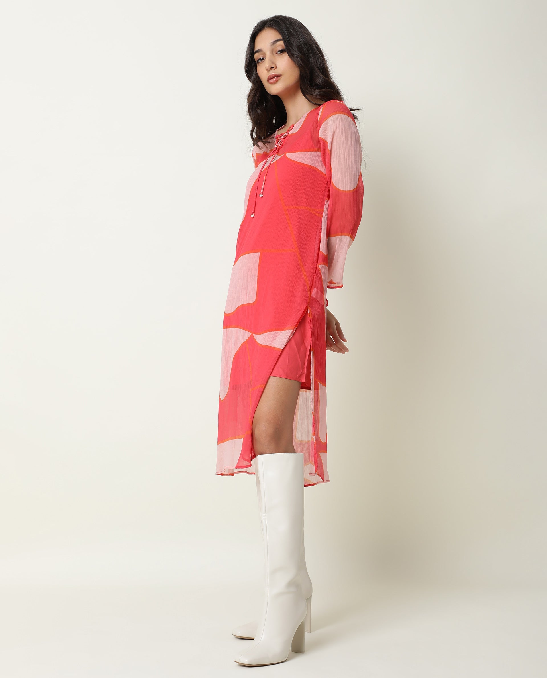 Rareism Women Benett Pink Abstract V Neck With Criss Cross Tie Up Full Sleeves Midi Dress