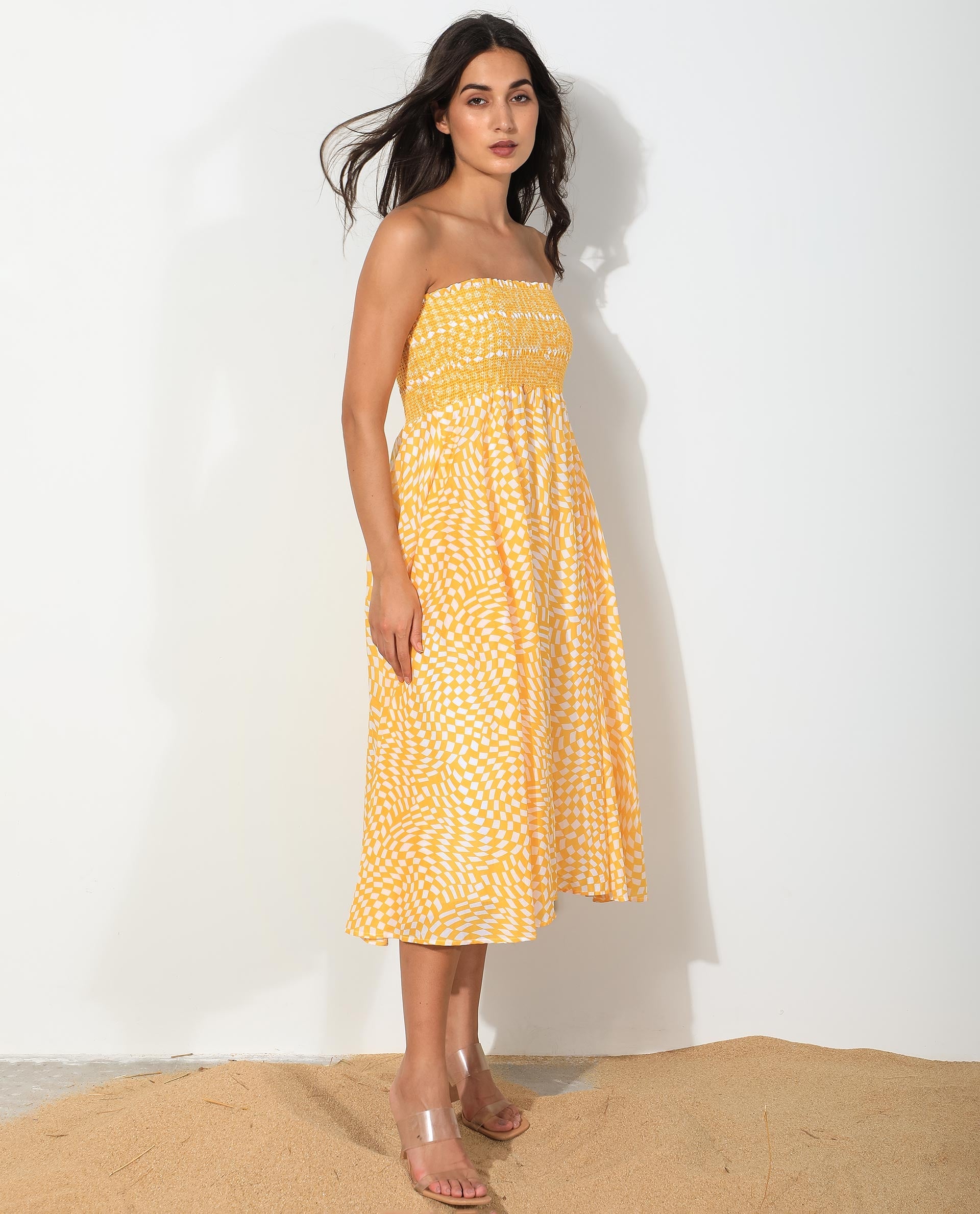 Rareism Women Daffodil Yellow Cotton Fabric Sleeveless Tube Neck Shoulder Straps Regular Fit Print Knee Length Dress