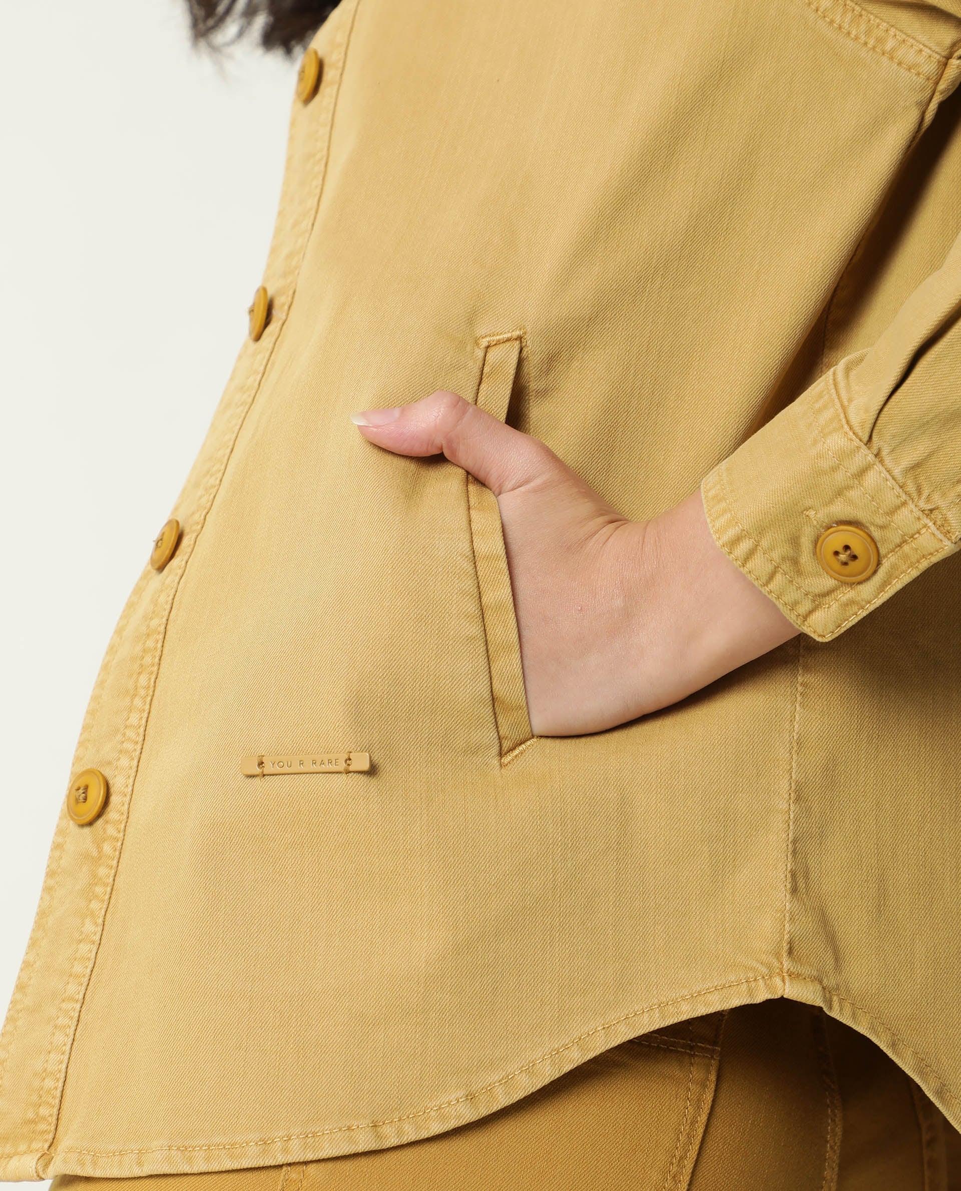 Rareism Women Mission Mustard Cotton Lycra Fabric Full Sleeves Solid Shirt Collar Jacket