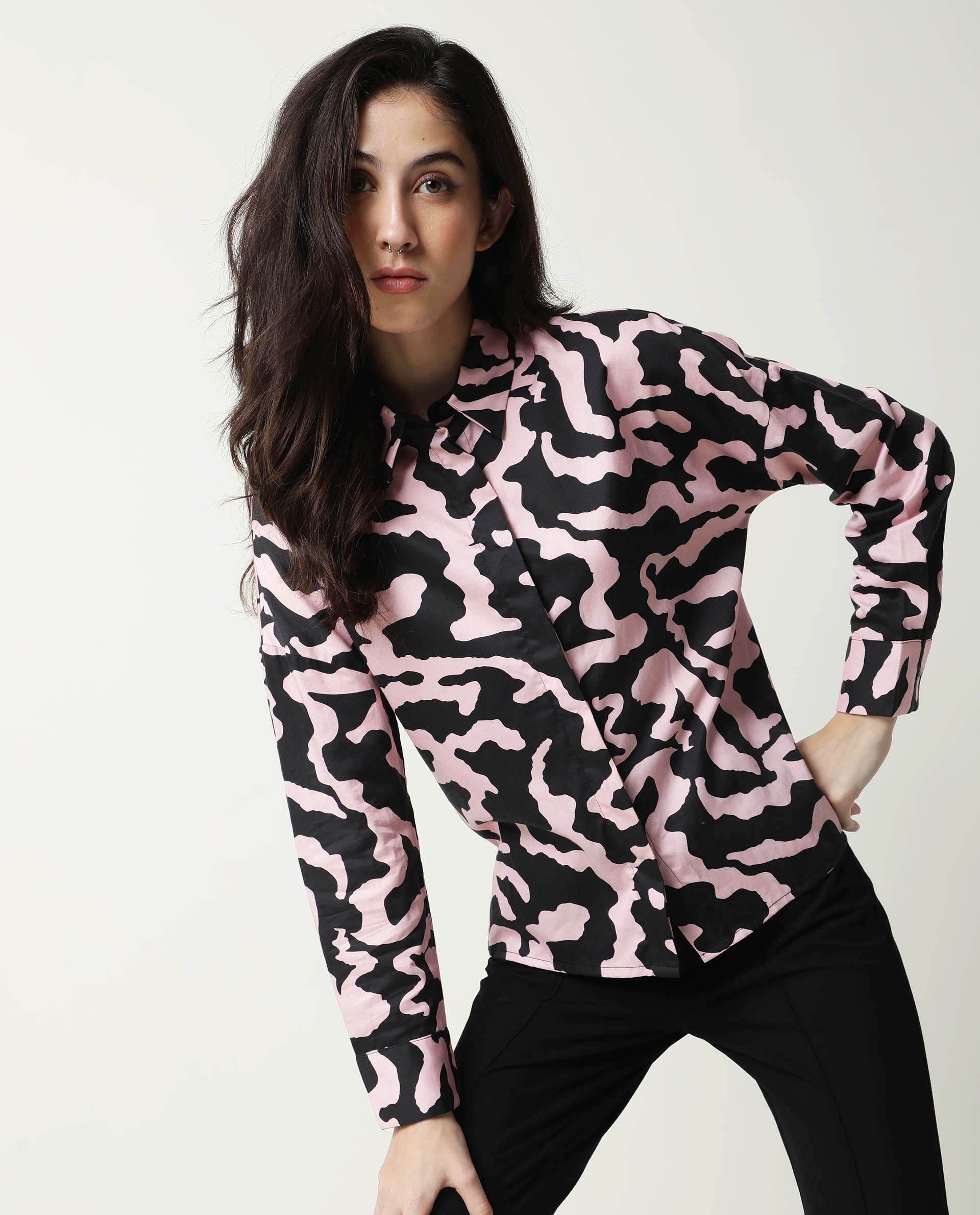 Rareism Women Revolt Black Cotton Linen Fabric Regular Fit Collarless Full Sleeves Abstract Print Top