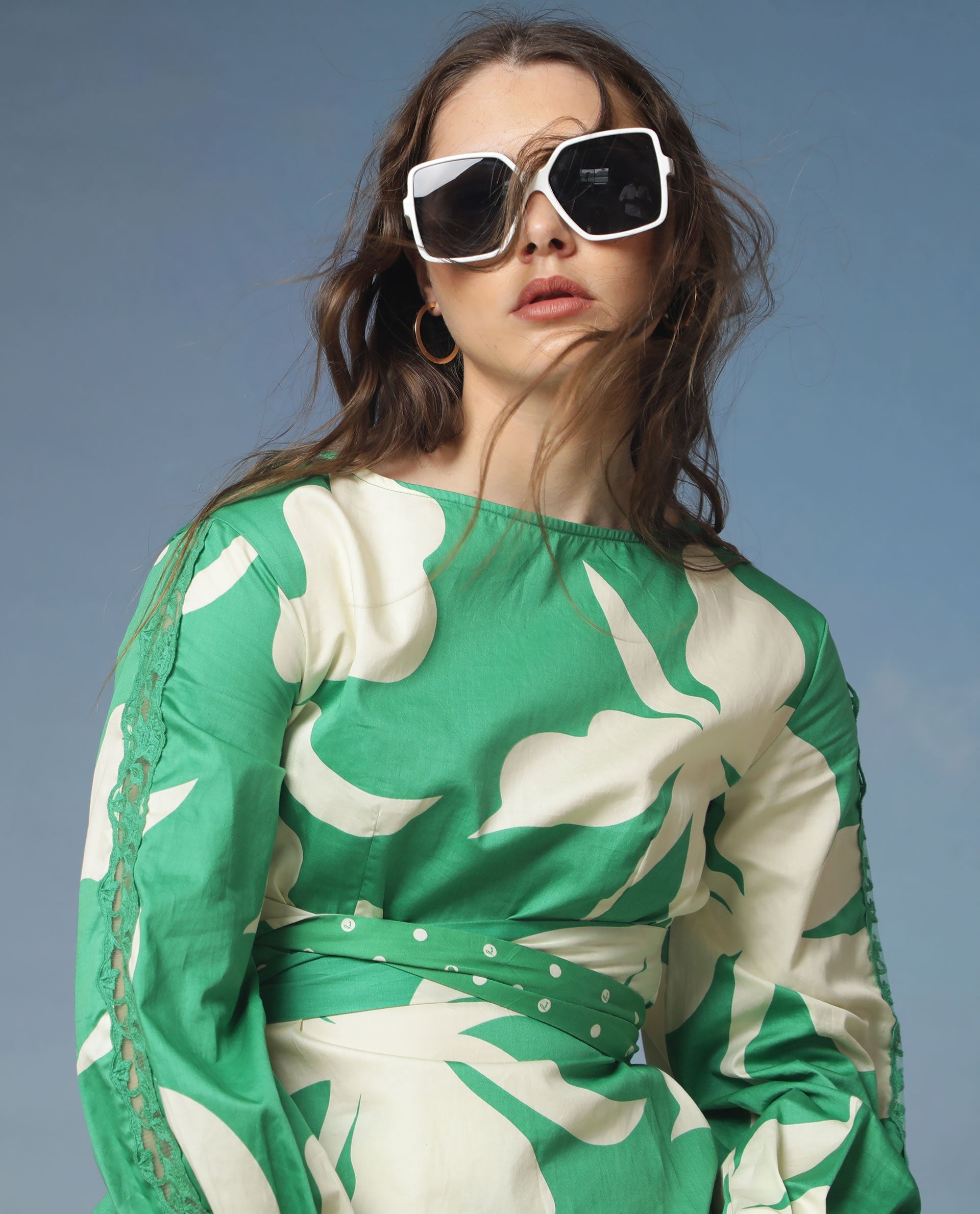 Rareism Women Sloane Green Top Cotton Fabric Full Sleeves Print