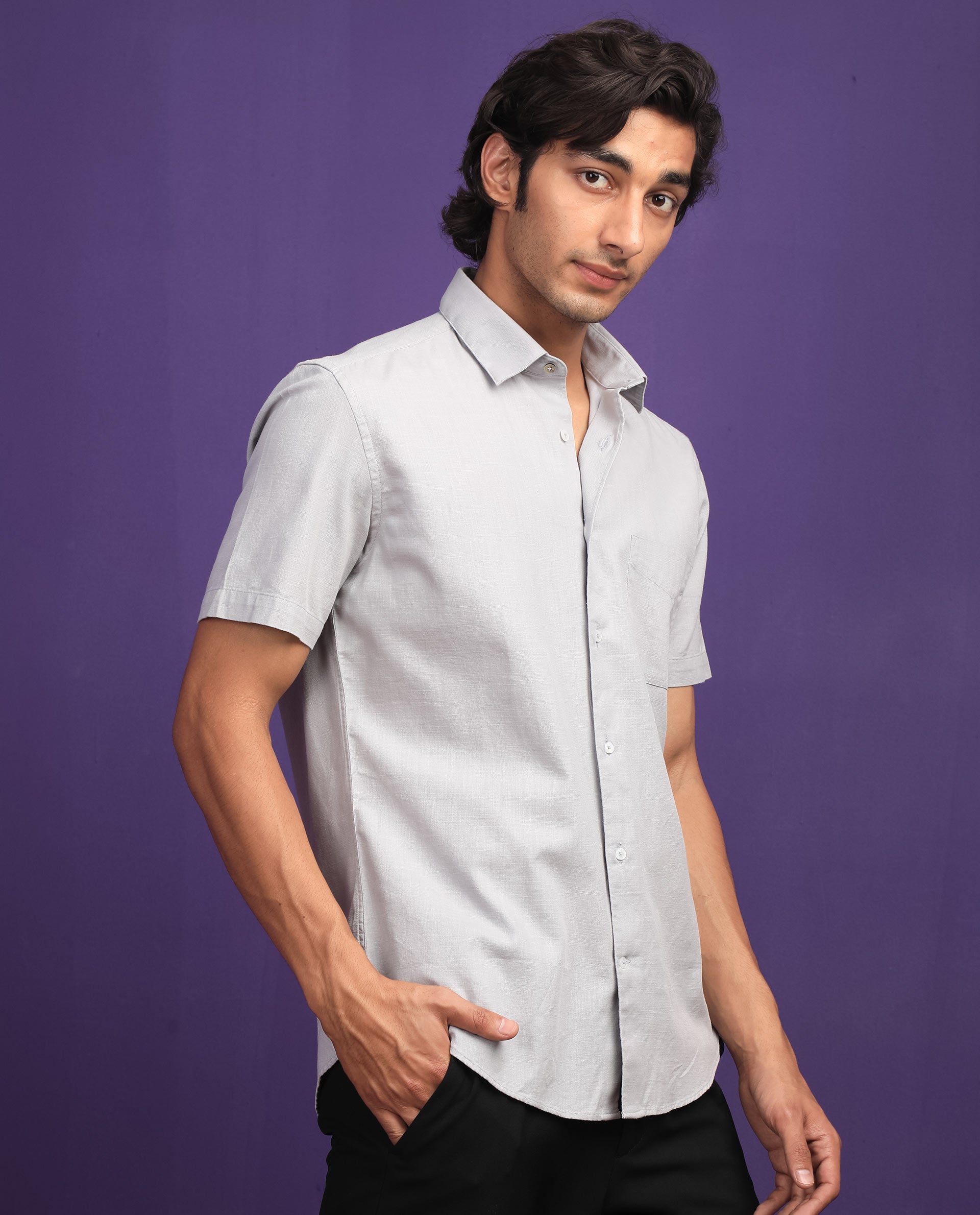 Rare Rabbit Men's Darwin Grey Cotton Fabric Half Sleeves Solid Shirt