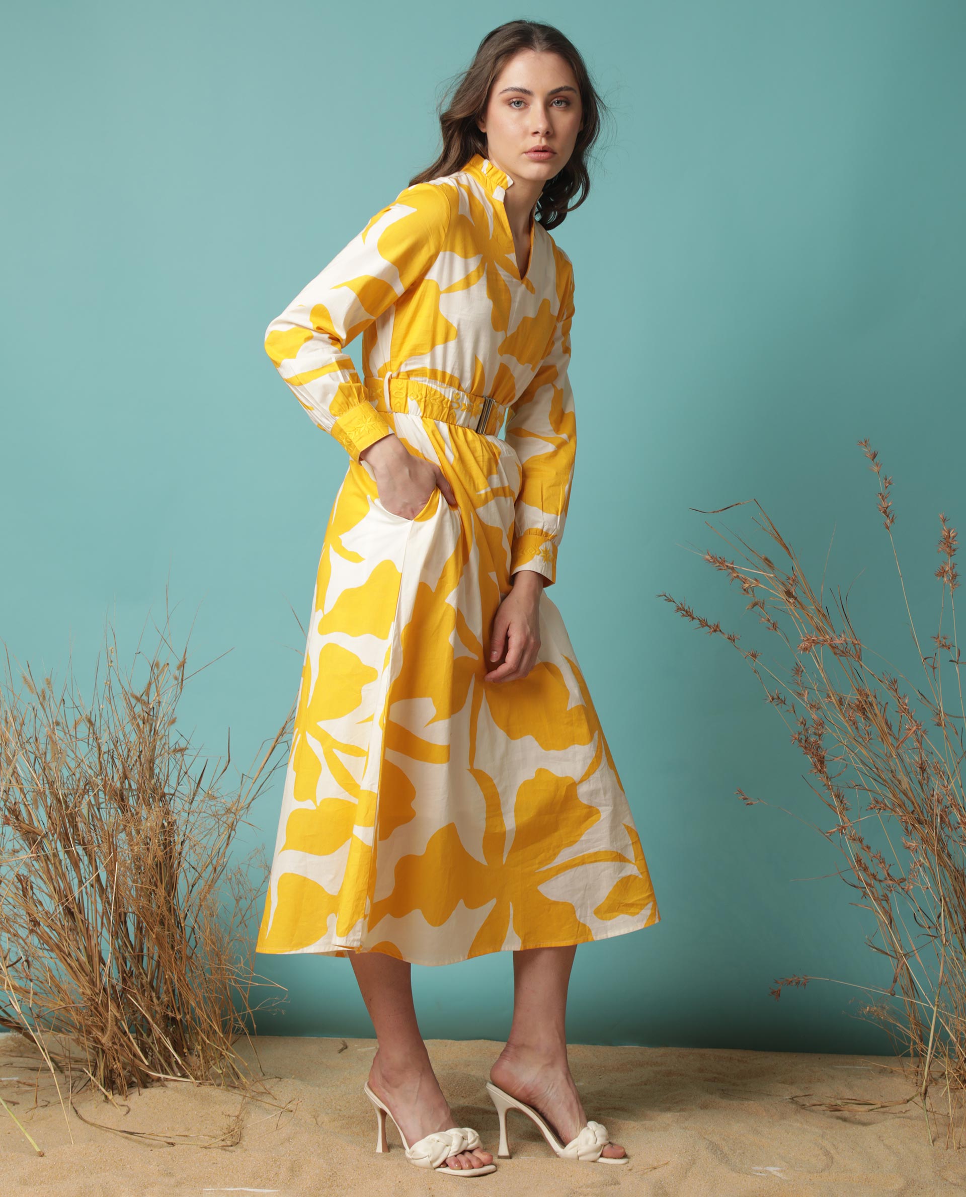 Rareism Women Eliott White Floral Print Mandarin Collar V Neck Full Sleeves With Cuff And Fabric Waist Belt Midi Dress