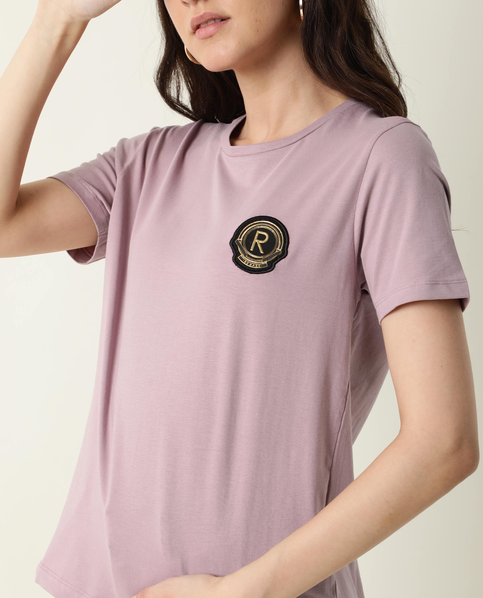 Rareism Women Fuji Pink Cotton Fabric Regular Fit Half Sleeves Graphic Print Crew Neck T-Shirt