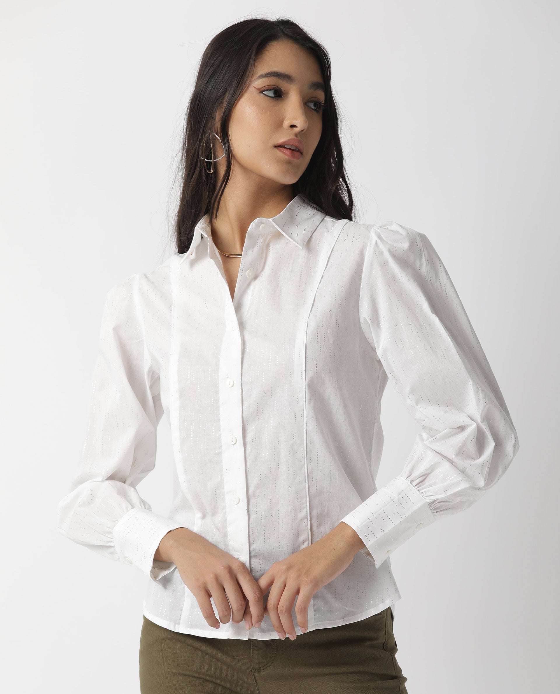 Rareism Women Camelo White Cotton Fabric Regular Fit Shirt Collar Full Sleeves Solid Top