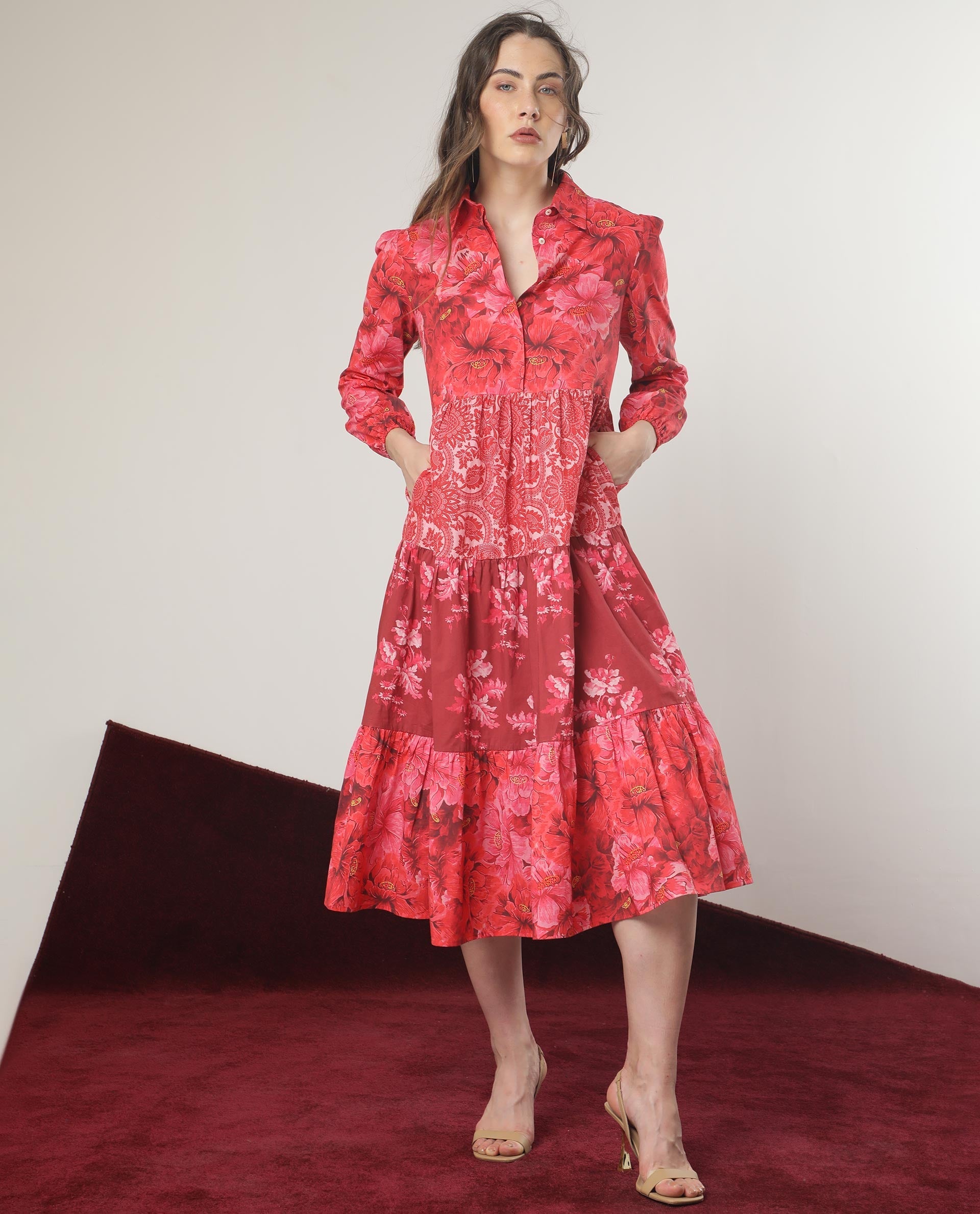 Rareism Women Ixora Maroon Cotton Fabric Full Sleeves Button Closure Shirt Collar Regular Fit Floral Print Knee Length Tiered Dress