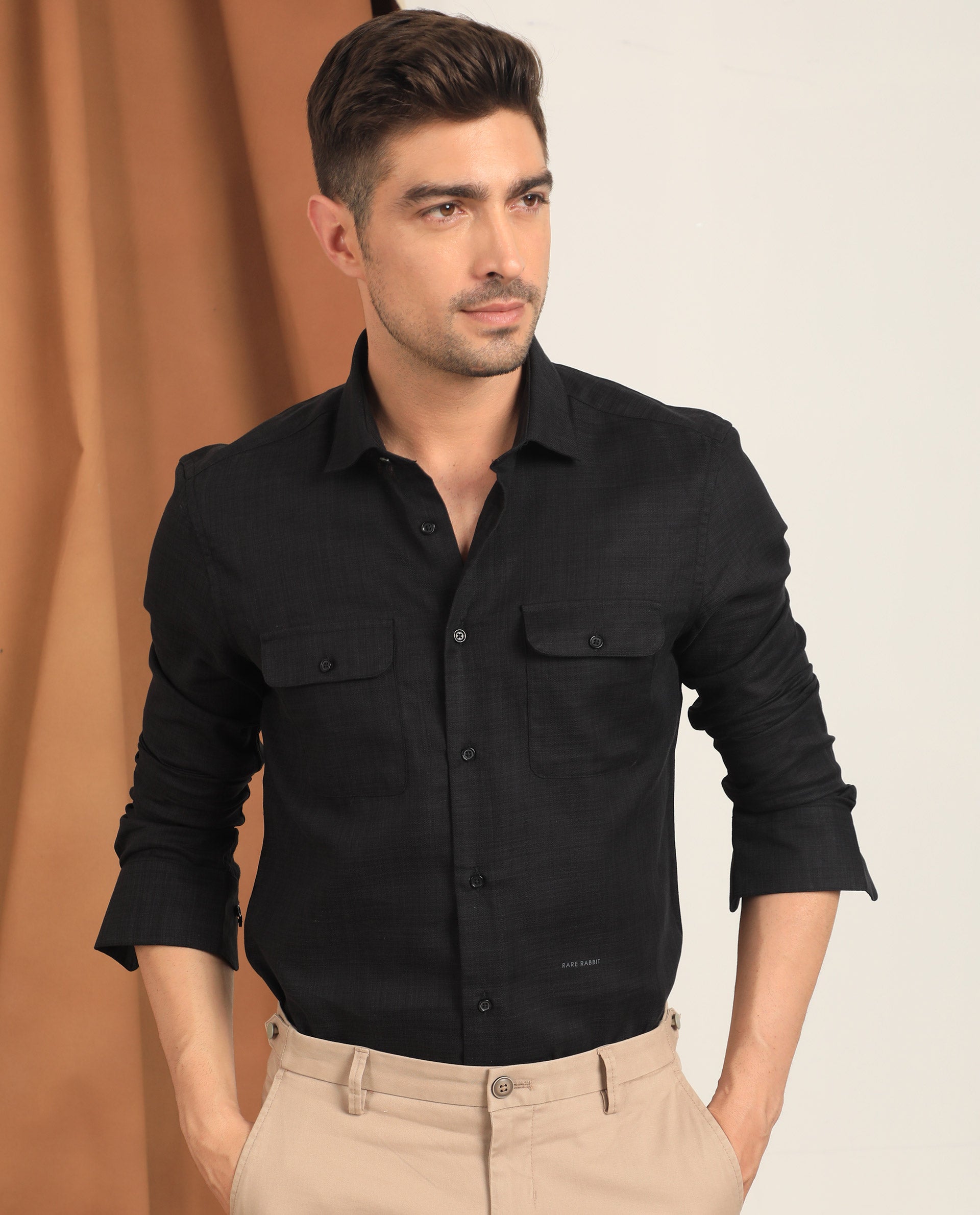 RARE RABBIT MEN'S SAFA LS BLACK SHIRT COTTON LYOCELL FABRIC COLLARED NECK FULL SLEEVES BUTTON CLOSURE