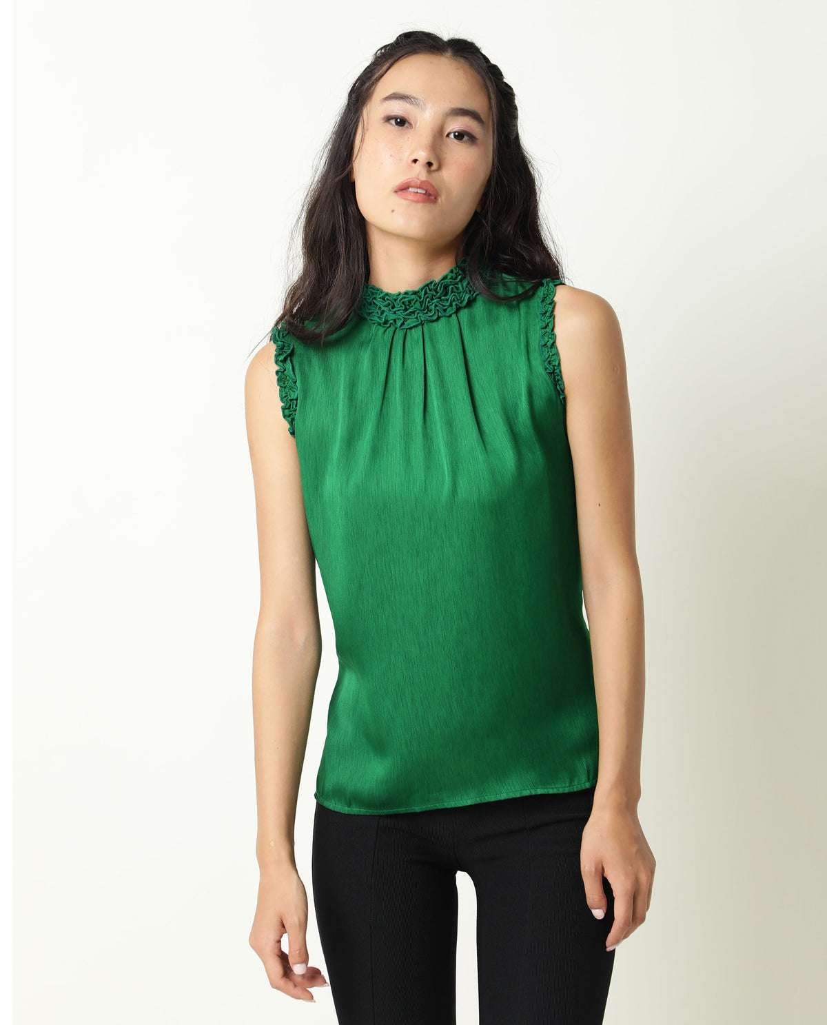Rareism Womens Baileys Green Top Polyester Fabric Sleeveless Ruffled Neck