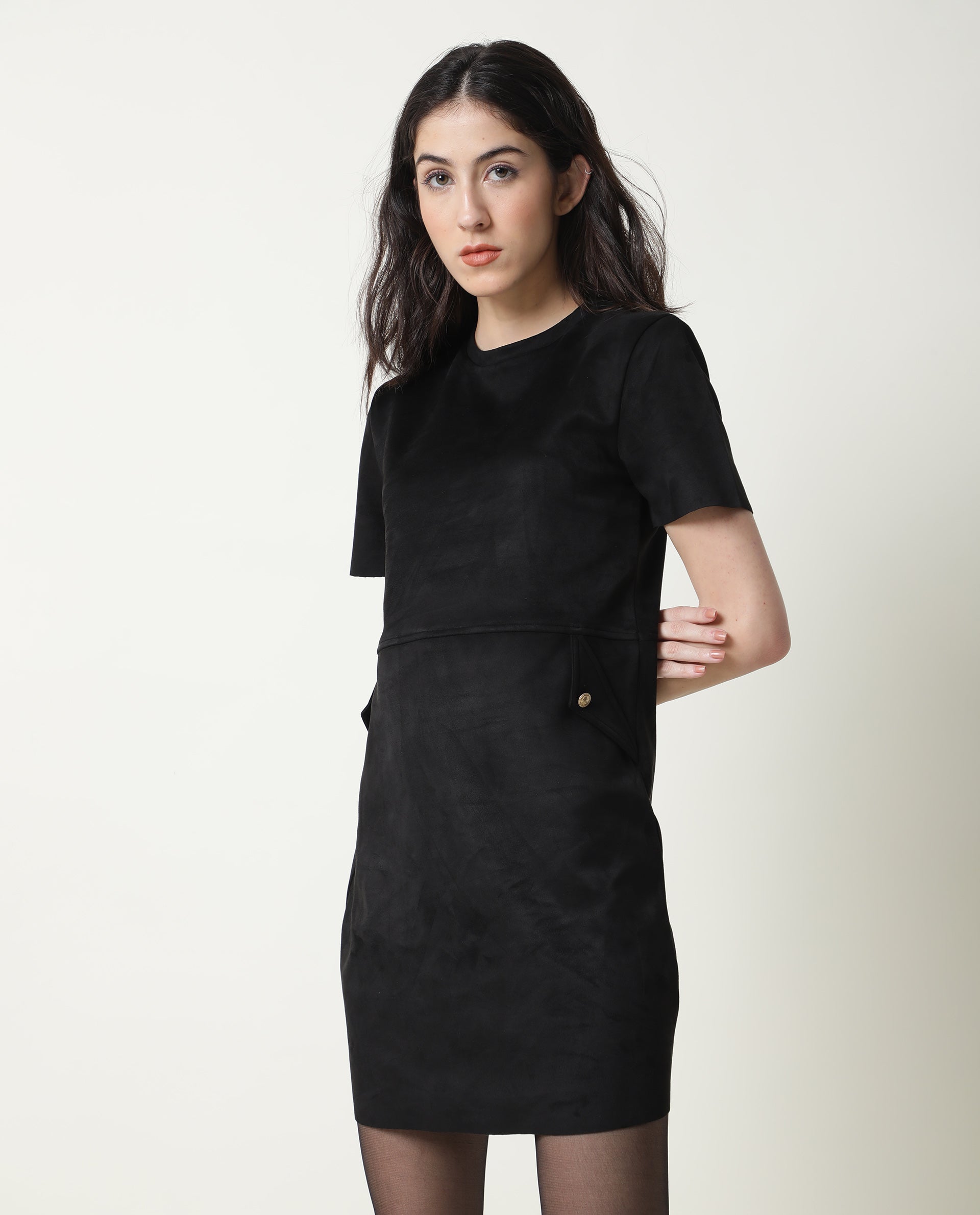 Rareism Women Sions Black Round Neck Short Sleeves Mini Dress