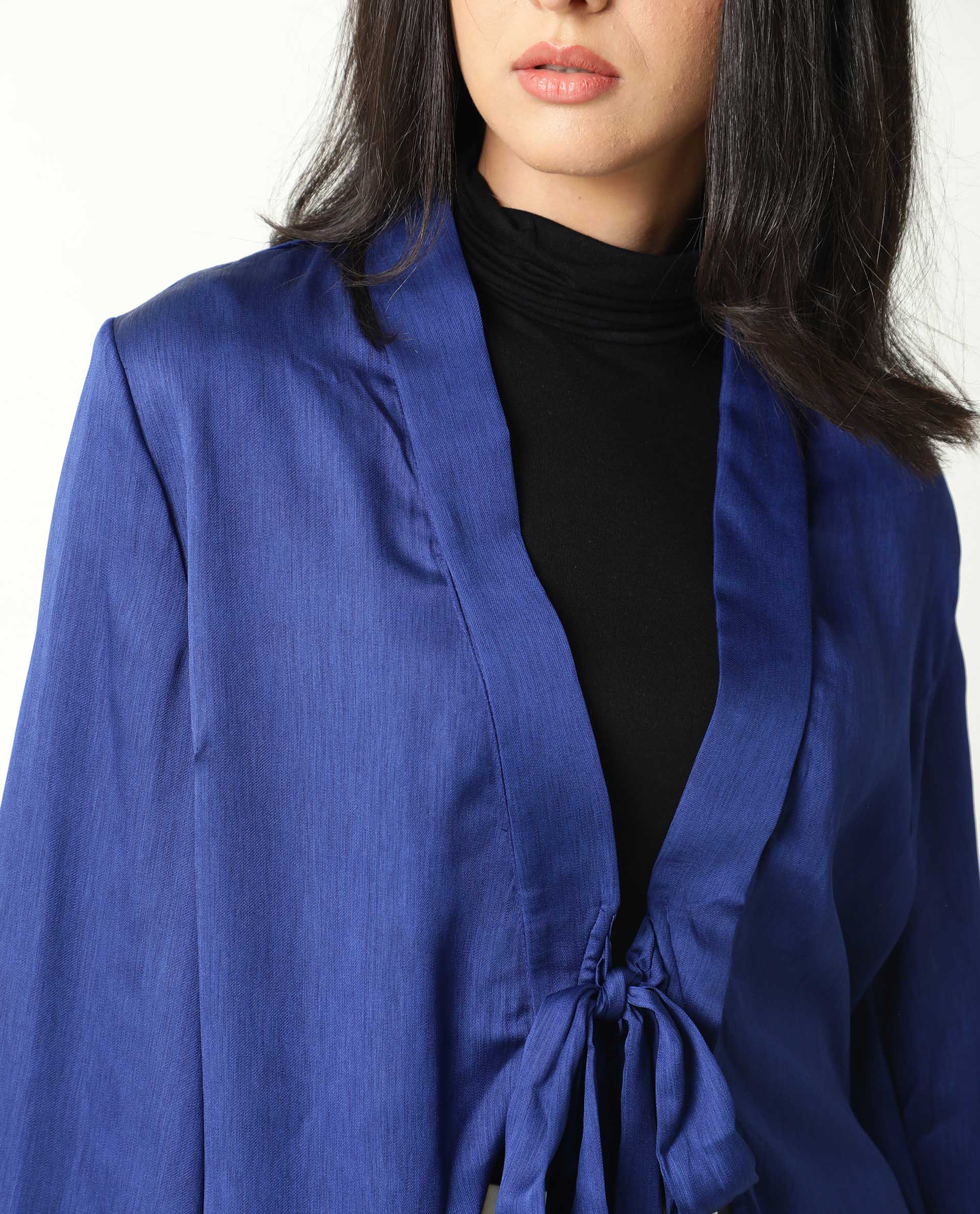 Rareism Women Cuff Blue Polyester Fabric Regular Fit Solid Shawl Collar Outer Wear