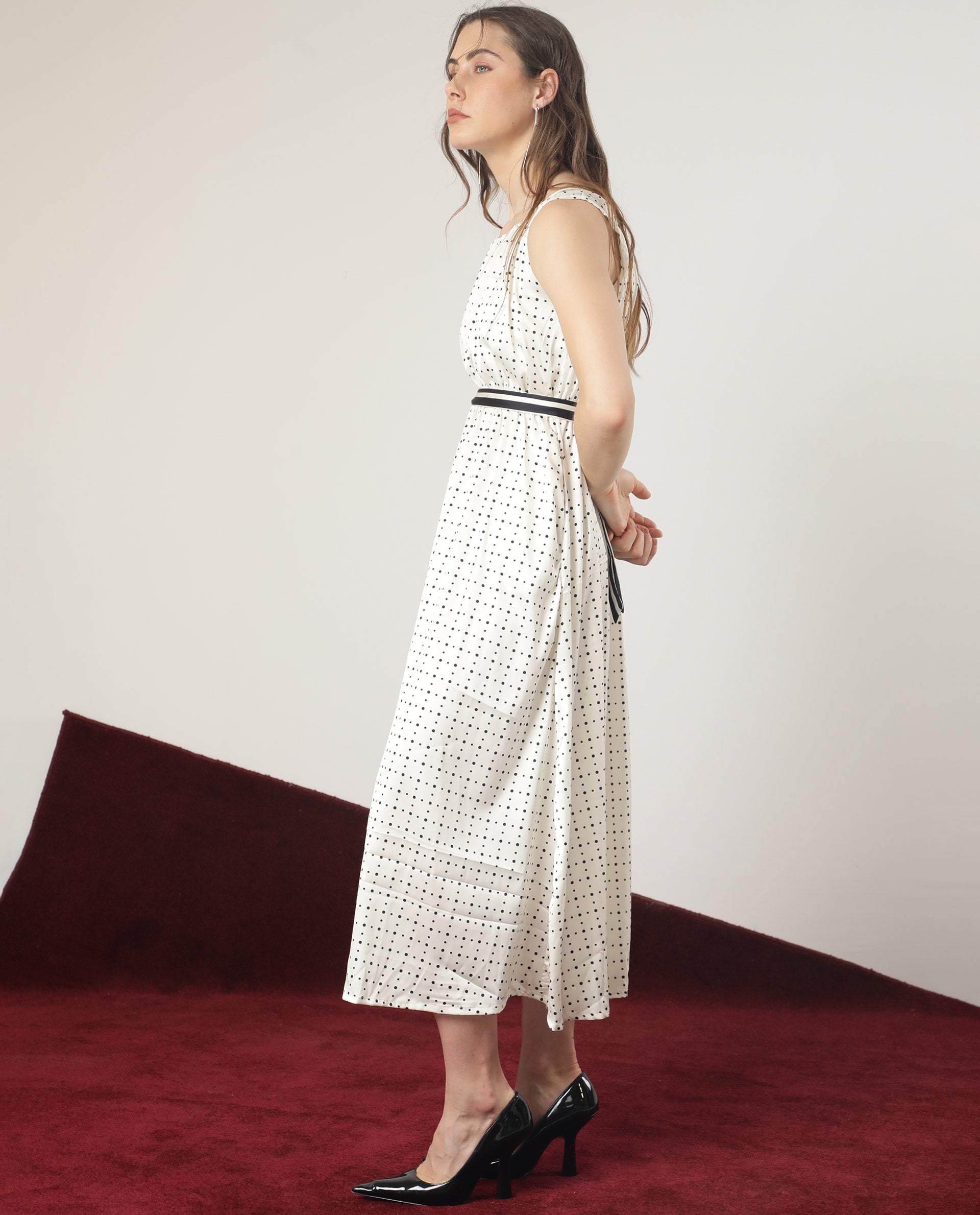 Rareism Women Narcissa Beige Polyester Fabric Boat Neck Sleeveless Regular Fit Polka Knee Length Empire Dress