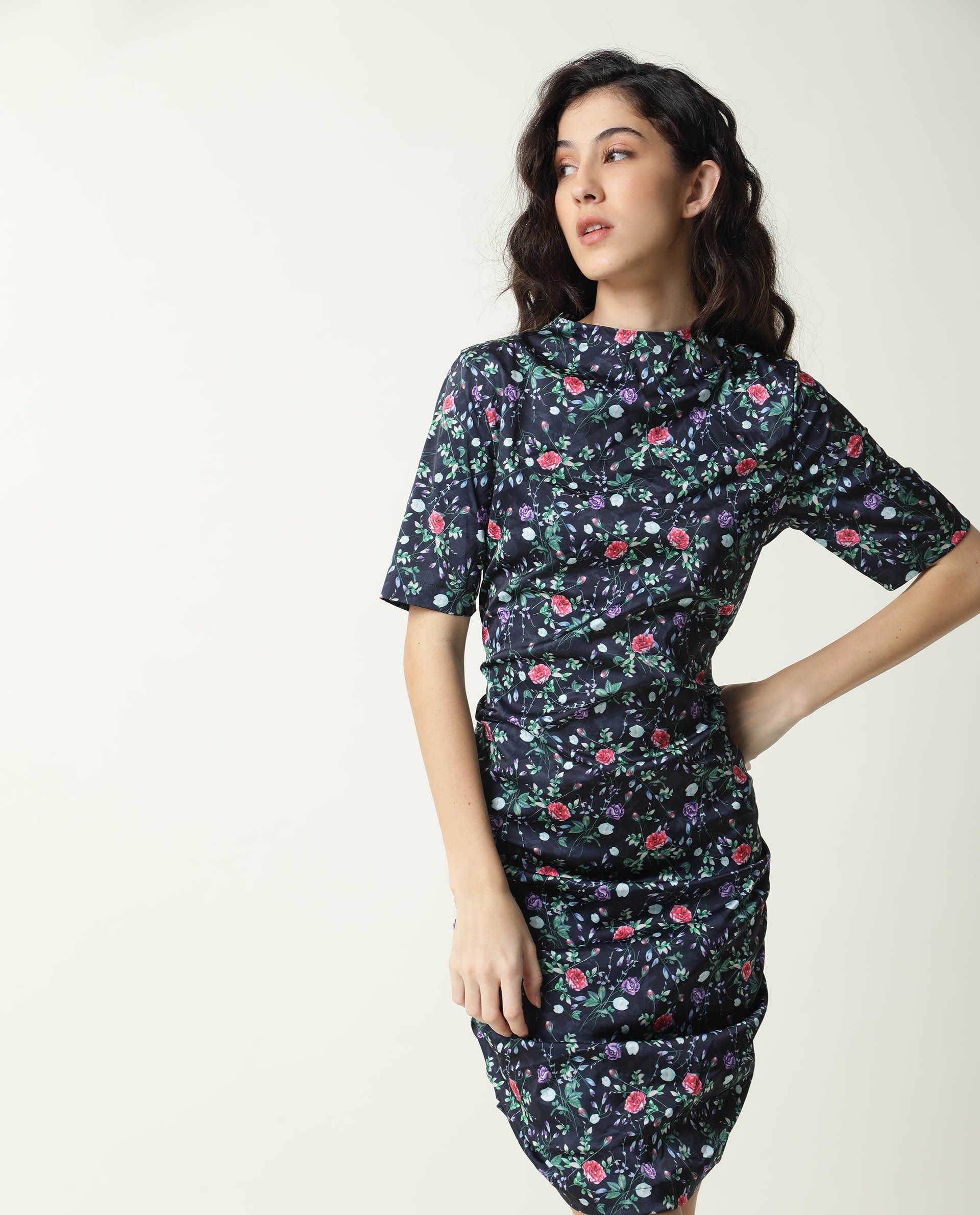 Rareism Women John Navy Floral Print High Neck Short Sleeves Ruching At Sides And Back With Back Zip Closure Mini Dress