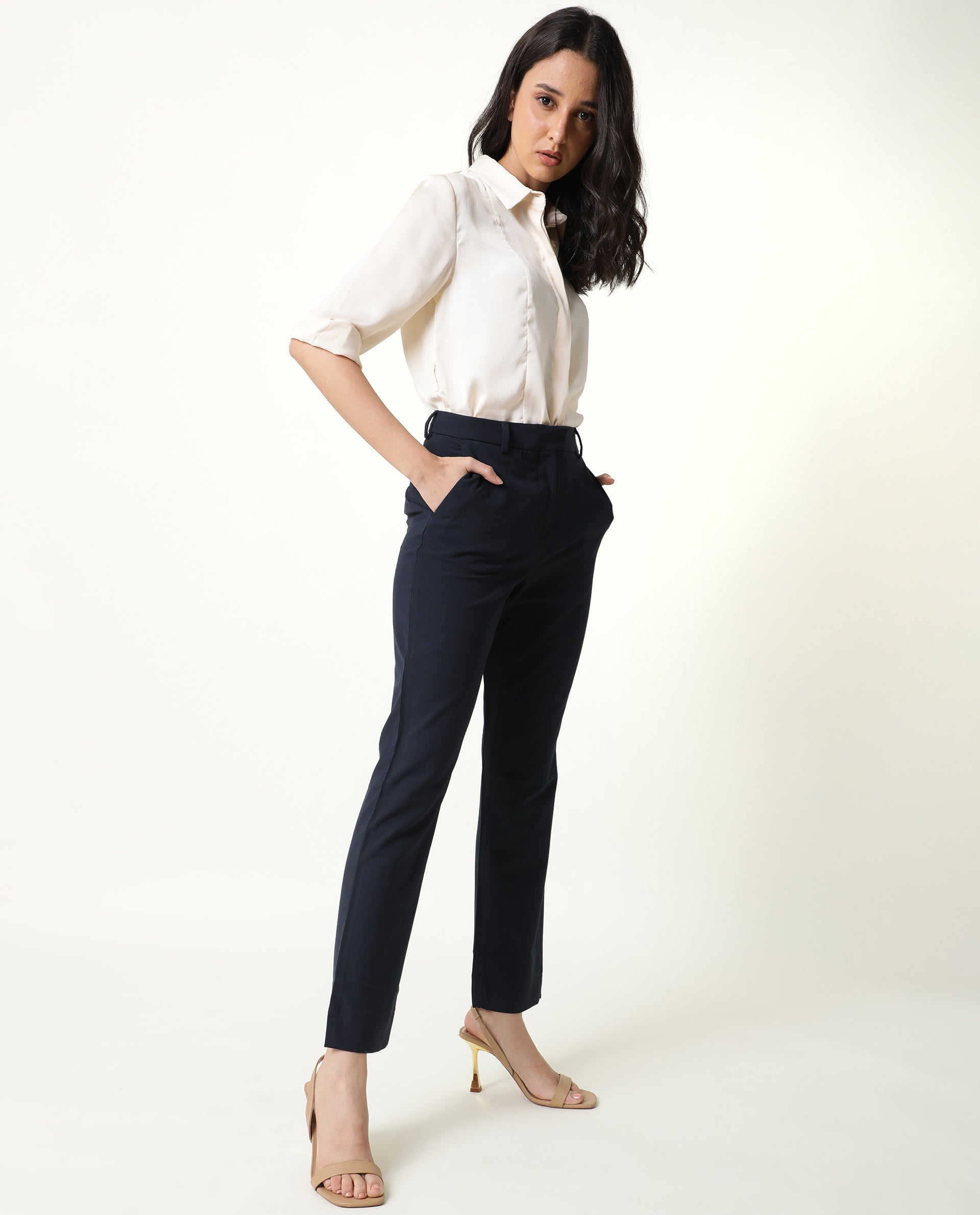 Rareism Women Yard Navy Poly Cotton Fabric Boot Cut Mid Rise Solid Ankle Length Trousers
