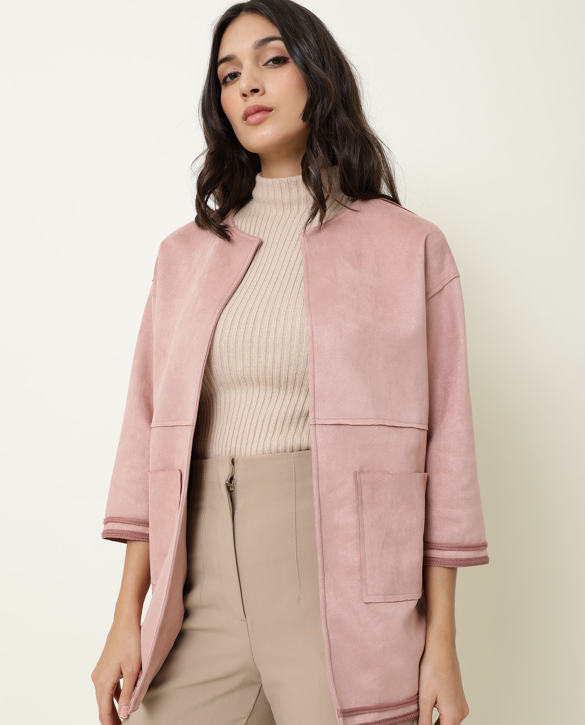 Rareism Women Square Dark Pink Polyester Fabric 3/4Th Sleeves Solid Boat Neck Jacket