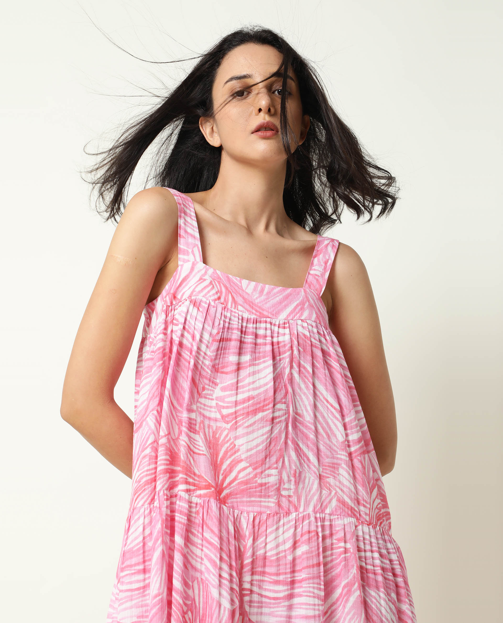 Rareism Women Toddle Pink Abstract Print Square Neck With Gathers With Broad Shoulder Straps And Pockets Midi Dress