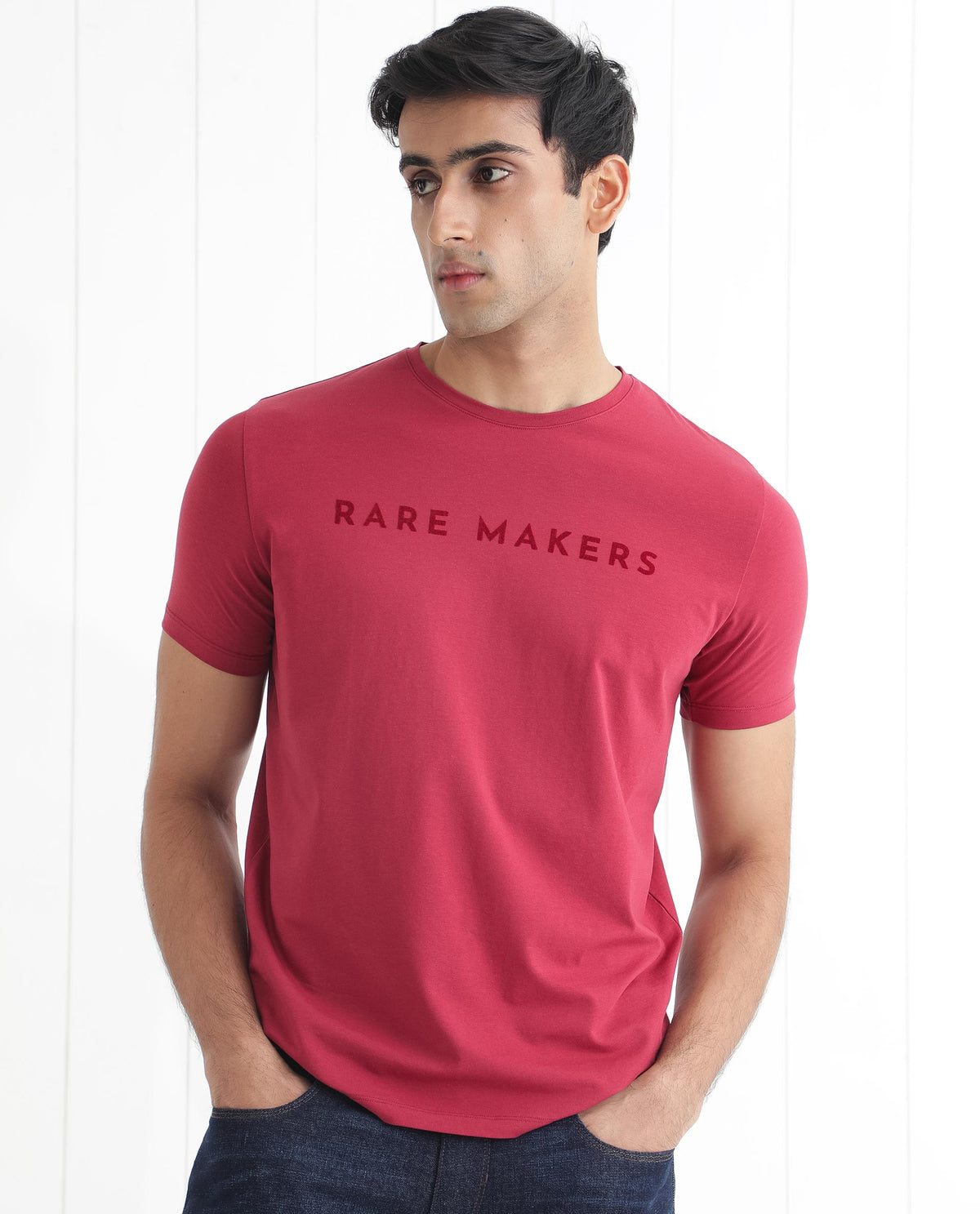 Rare Rabbit Men's Burke Dark Red Crew Neck Half Sleeves Velvet Branding Regular Fit T-Shirt