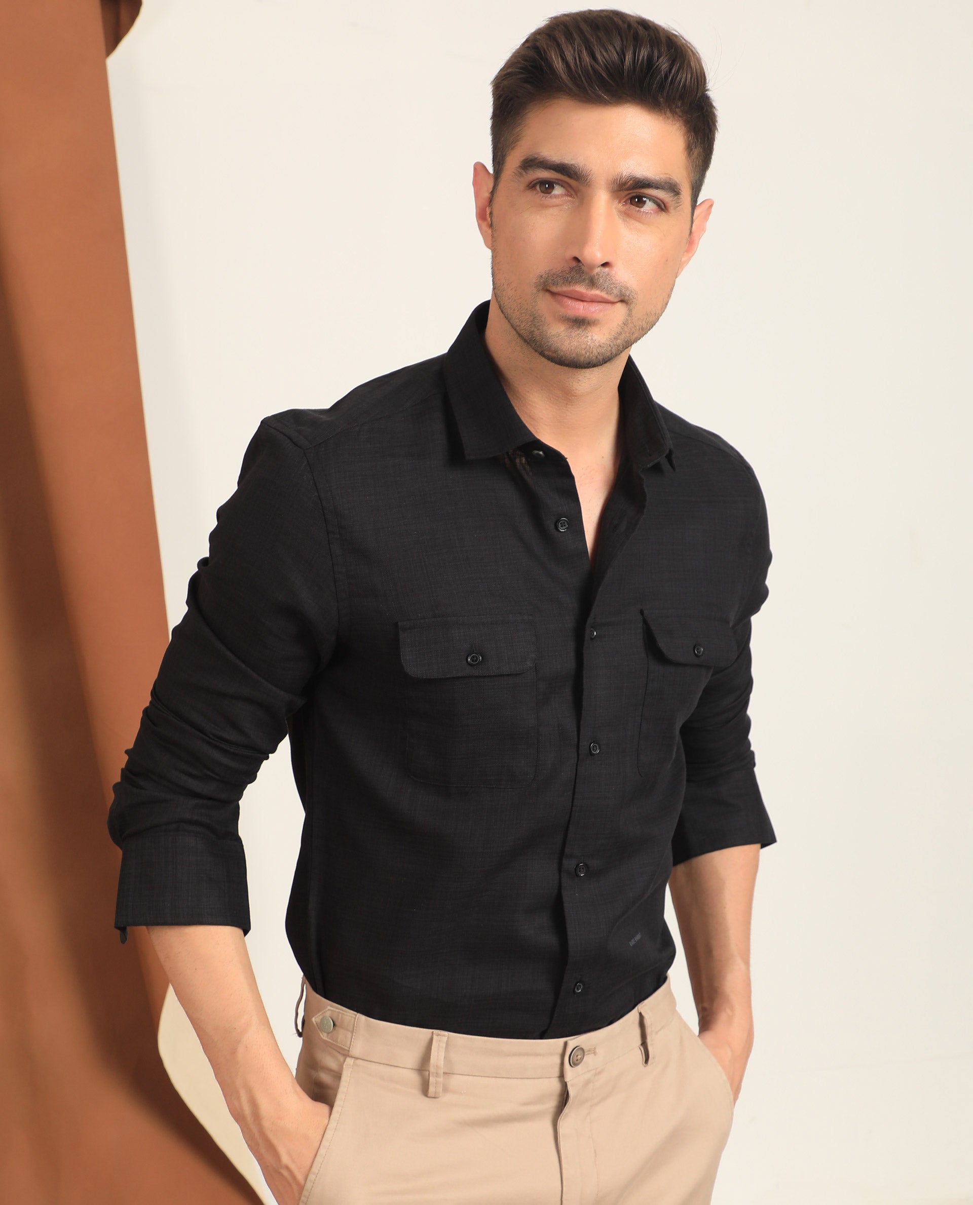 RARE RABBIT MEN'S SAFA LS BLACK SHIRT COTTON LYOCELL FABRIC COLLARED NECK FULL SLEEVES BUTTON CLOSURE