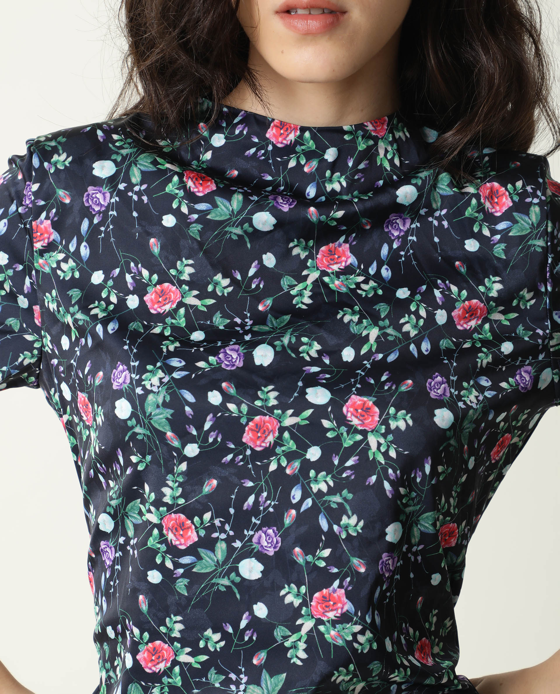 Rareism Women John Navy Floral Print High Neck Short Sleeves Ruching At Sides And Back With Back Zip Closure Mini Dress