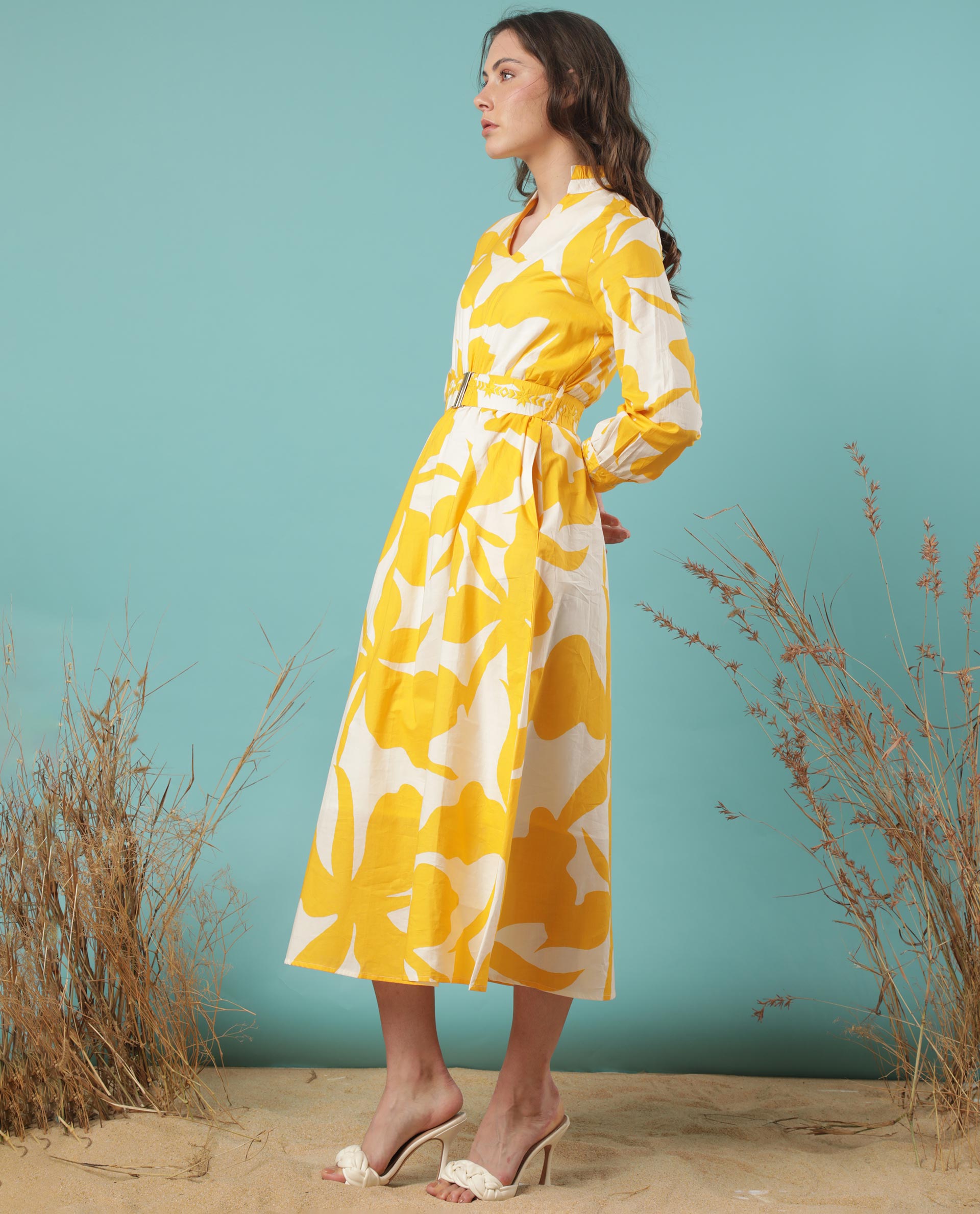 Rareism Women Eliott White Floral Print Mandarin Collar V Neck Full Sleeves With Cuff And Fabric Waist Belt Midi Dress