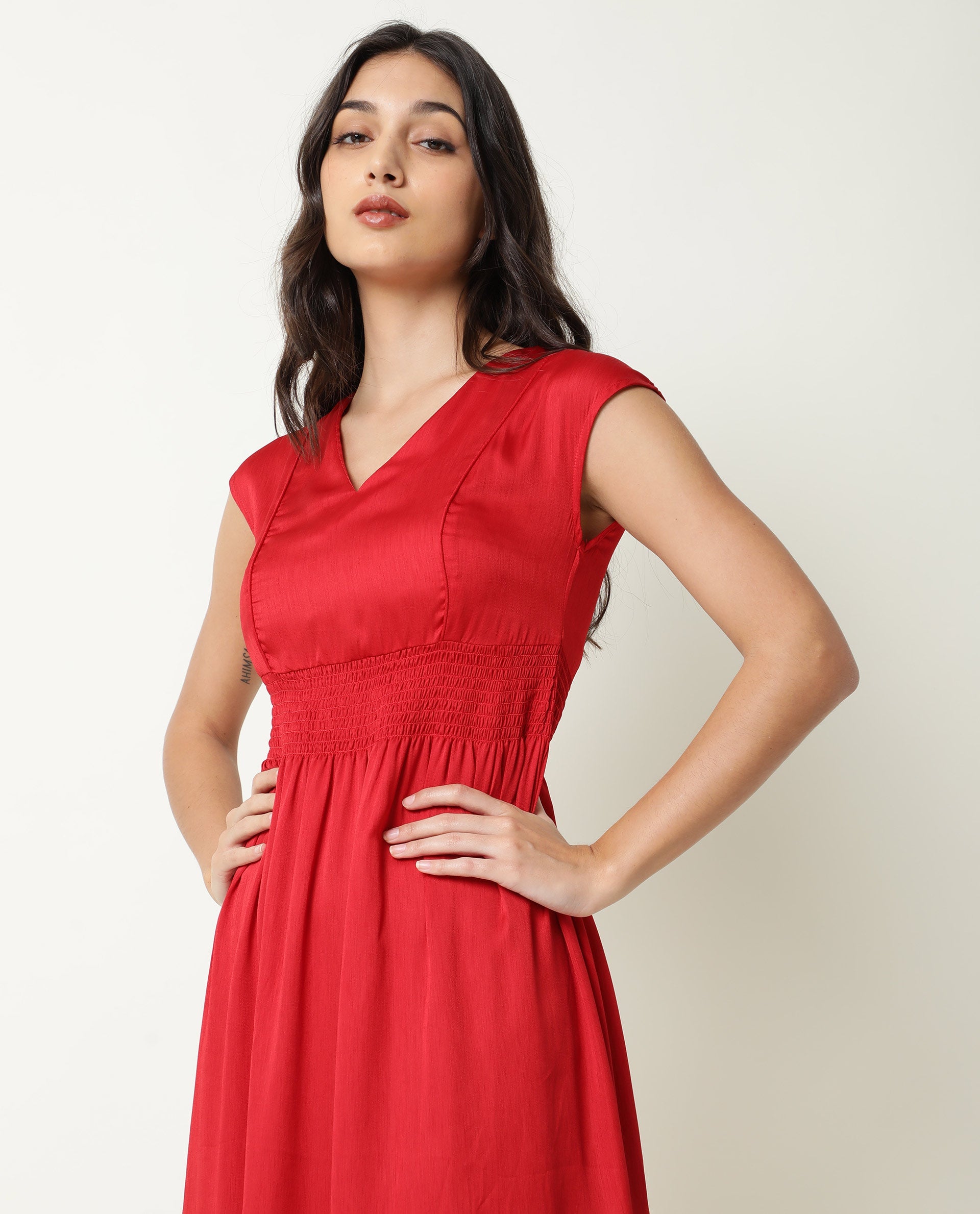 Rareism Women Milux Red V Neck Calf Sleeves Smocking Waist Knee Length Dress