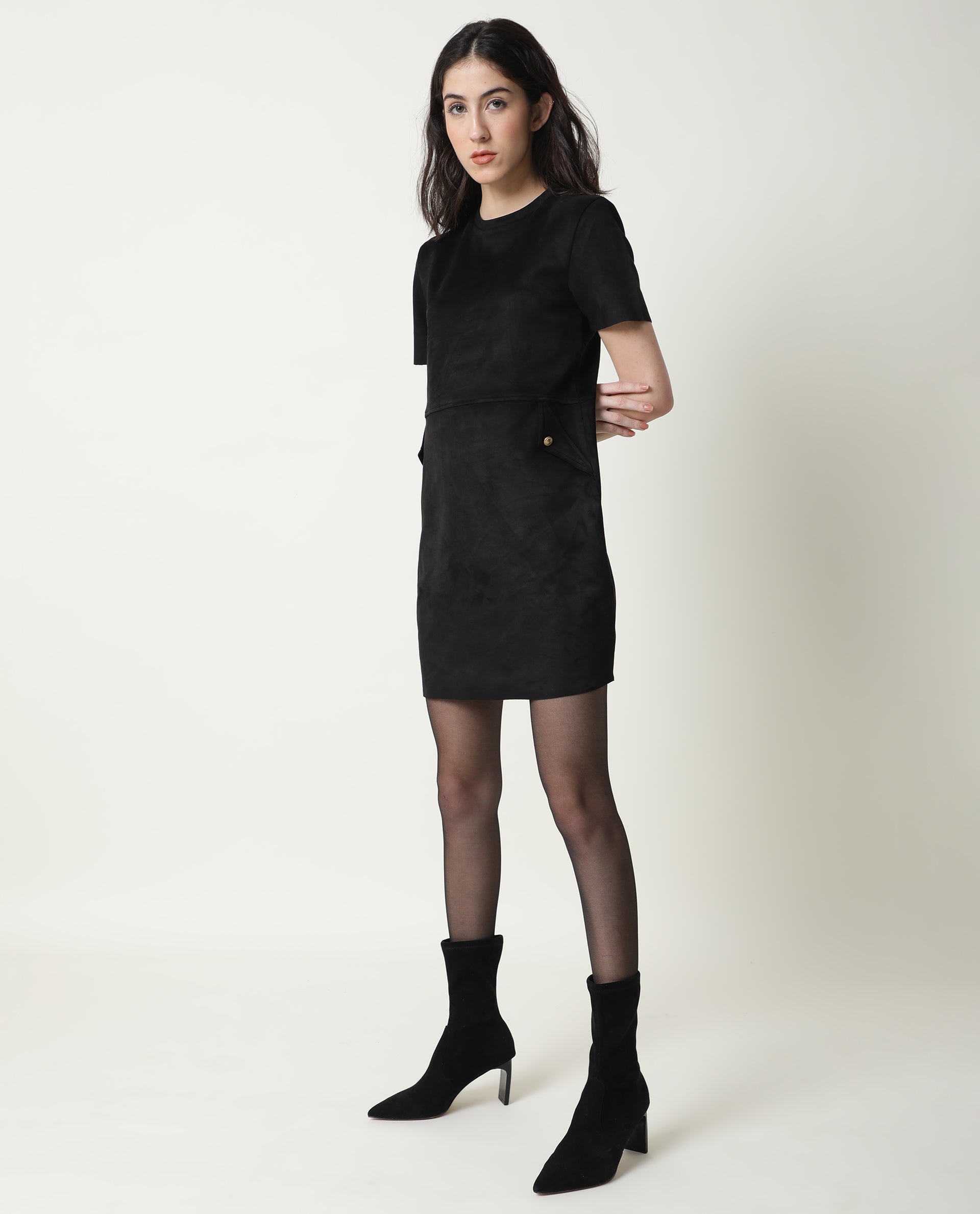 Rareism Women Sions Black Round Neck Short Sleeves Mini Dress