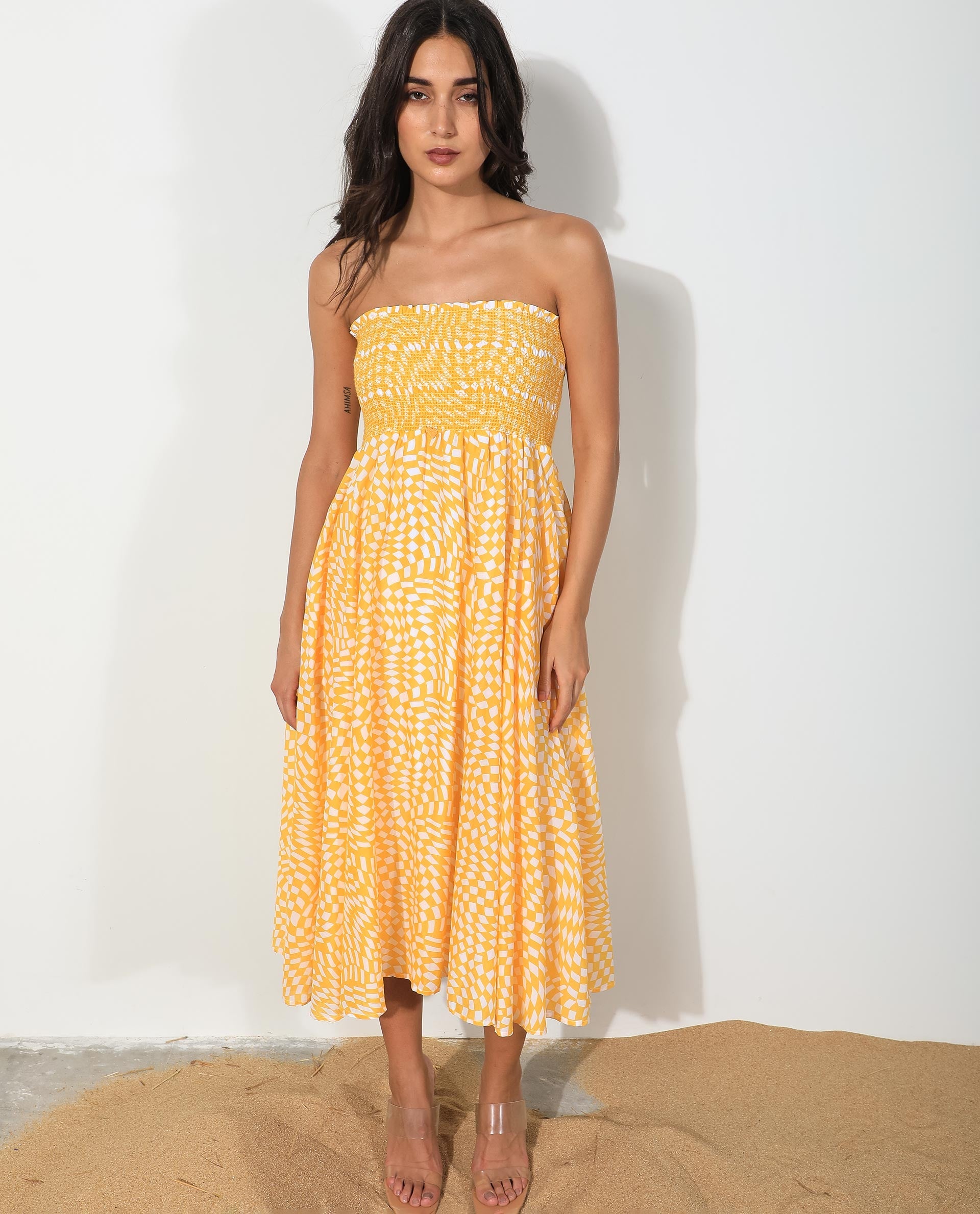 Rareism Women Daffodil Yellow Cotton Fabric Sleeveless Tube Neck Shoulder Straps Regular Fit Print Knee Length Dress