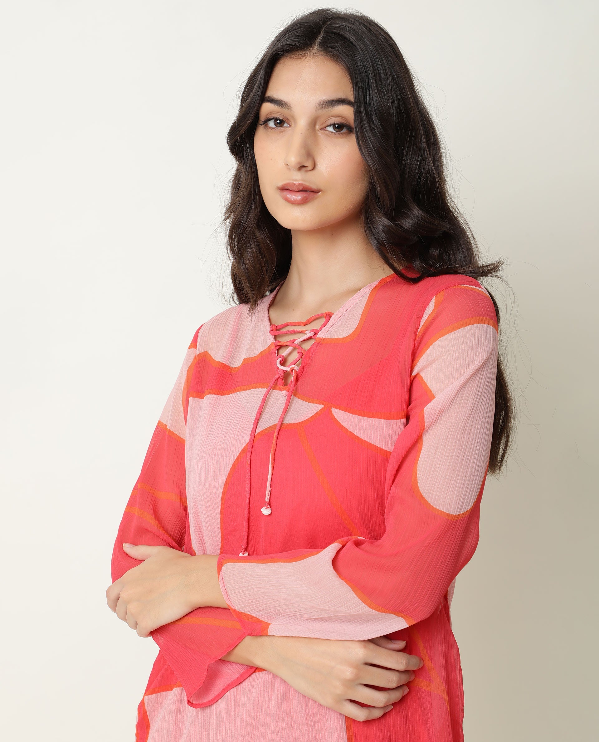 Rareism Women Benett Pink Abstract V Neck With Criss Cross Tie Up Full Sleeves Midi Dress