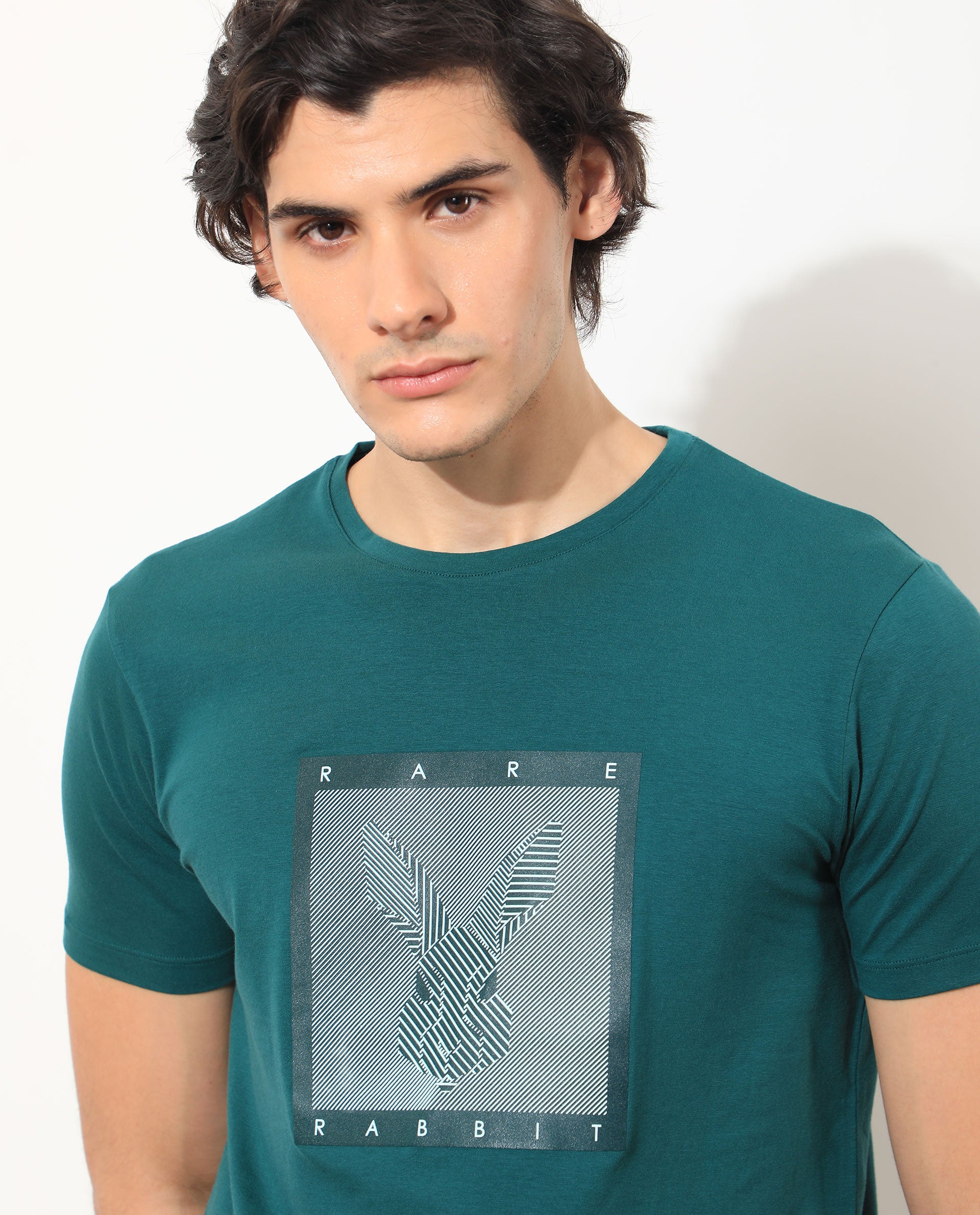 Rare Rabbit Men's Princeton Green Crew Neck Graphic Logo Printed Half Sleeves Slim Fit T-Shirt