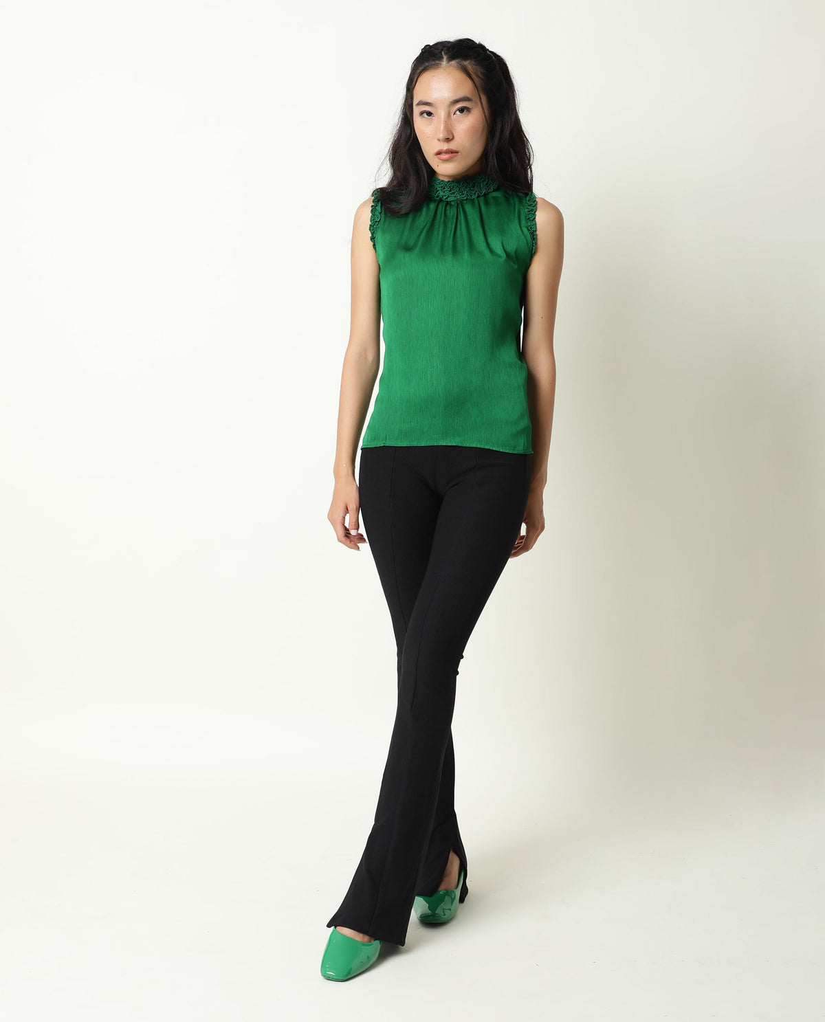 Rareism Womens Baileys Green Top Polyester Fabric Sleeveless Ruffled Neck