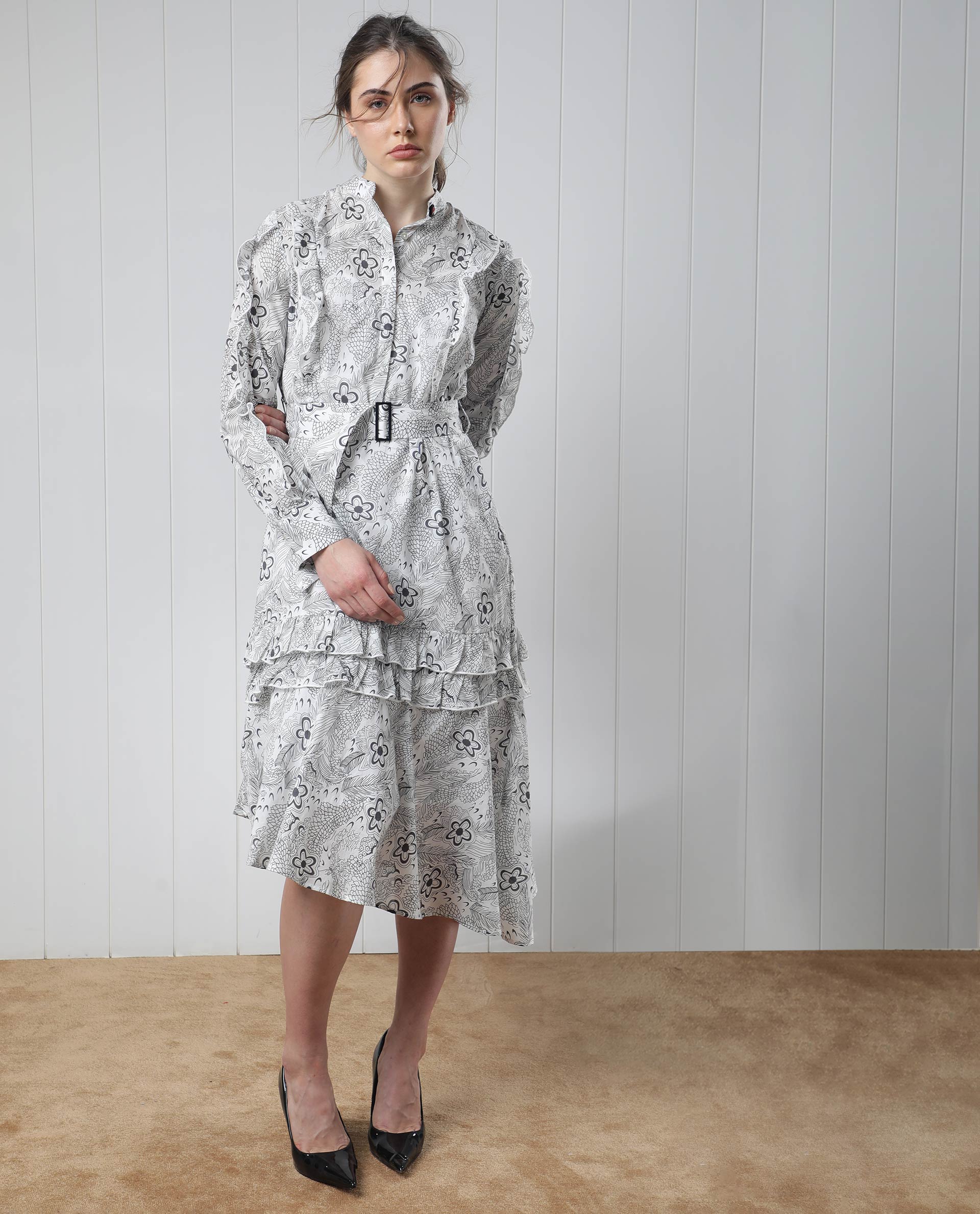 Rareism Women Roose White Cotton Fabric Full Sleeves Button Closure Mandarin Collar Regular Fit Floral Print Knee Length Flared Dress