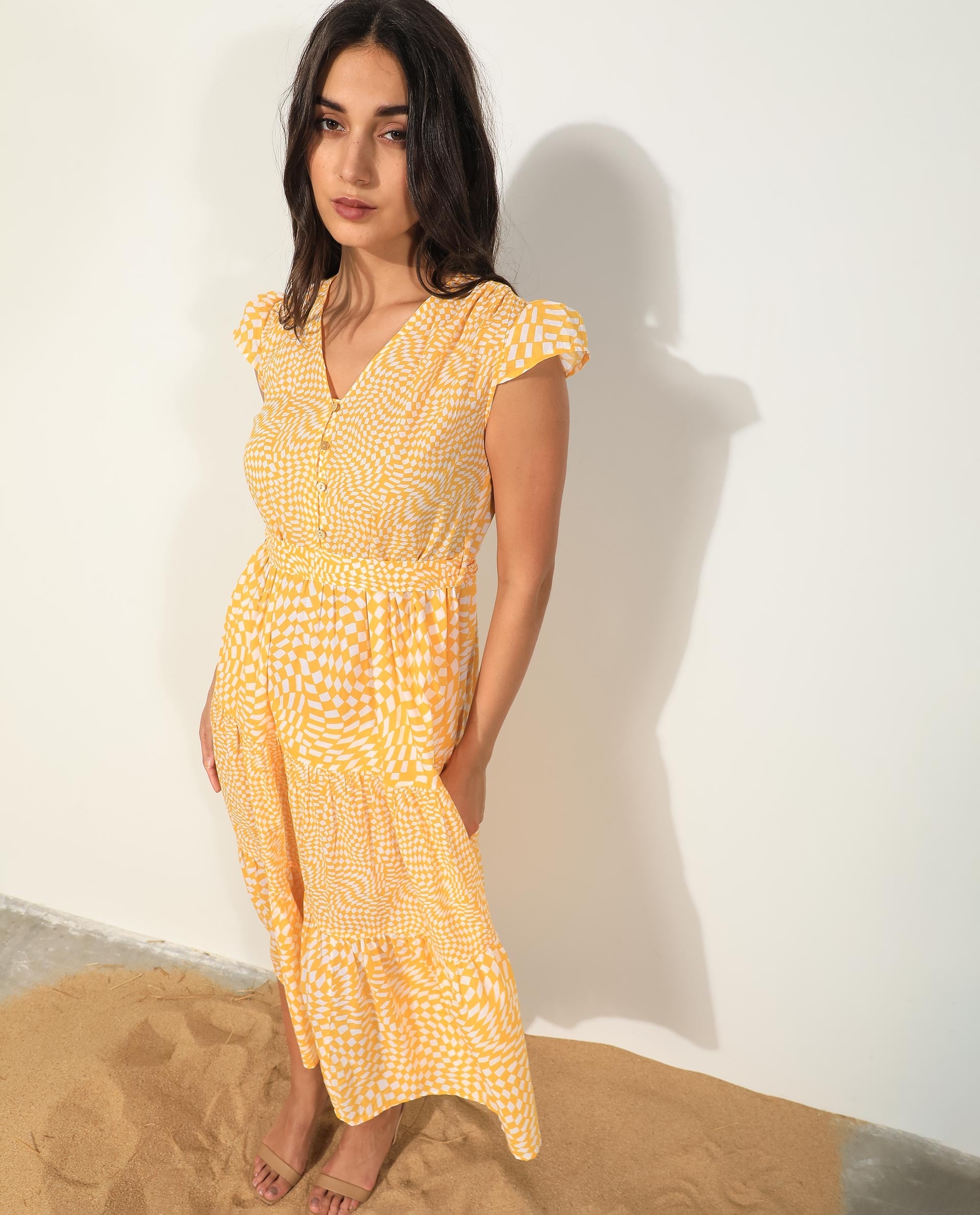 Rareism Women's Whitney Yellow Cotton Fabric V-Neck Button Closure Cape Sleeve Geometric Print Knee Length Dress