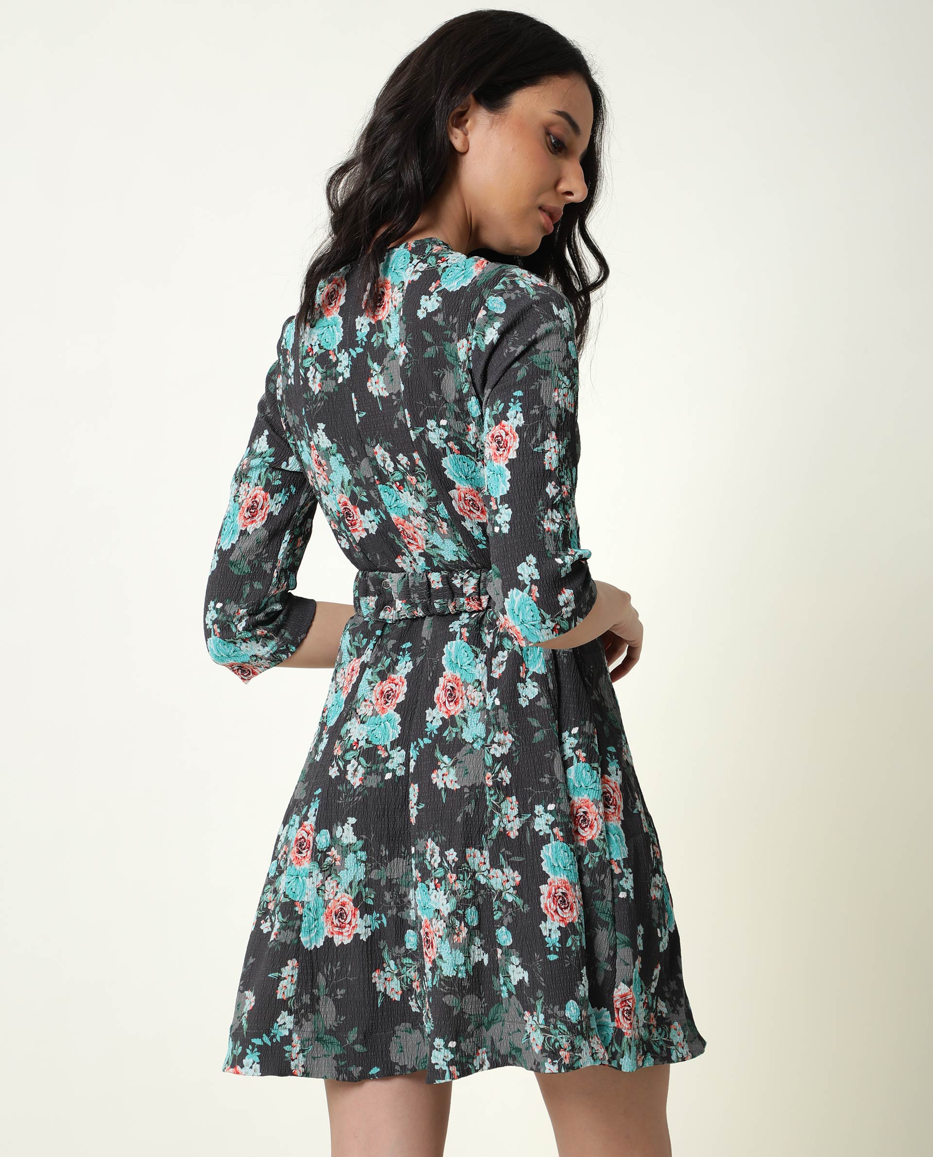 Rareism Women Vasec Grey Printed Boat Neck With Key Hole Button Closure Puff 3/4 Sleeves Elastic Waist Belt Mini Dress