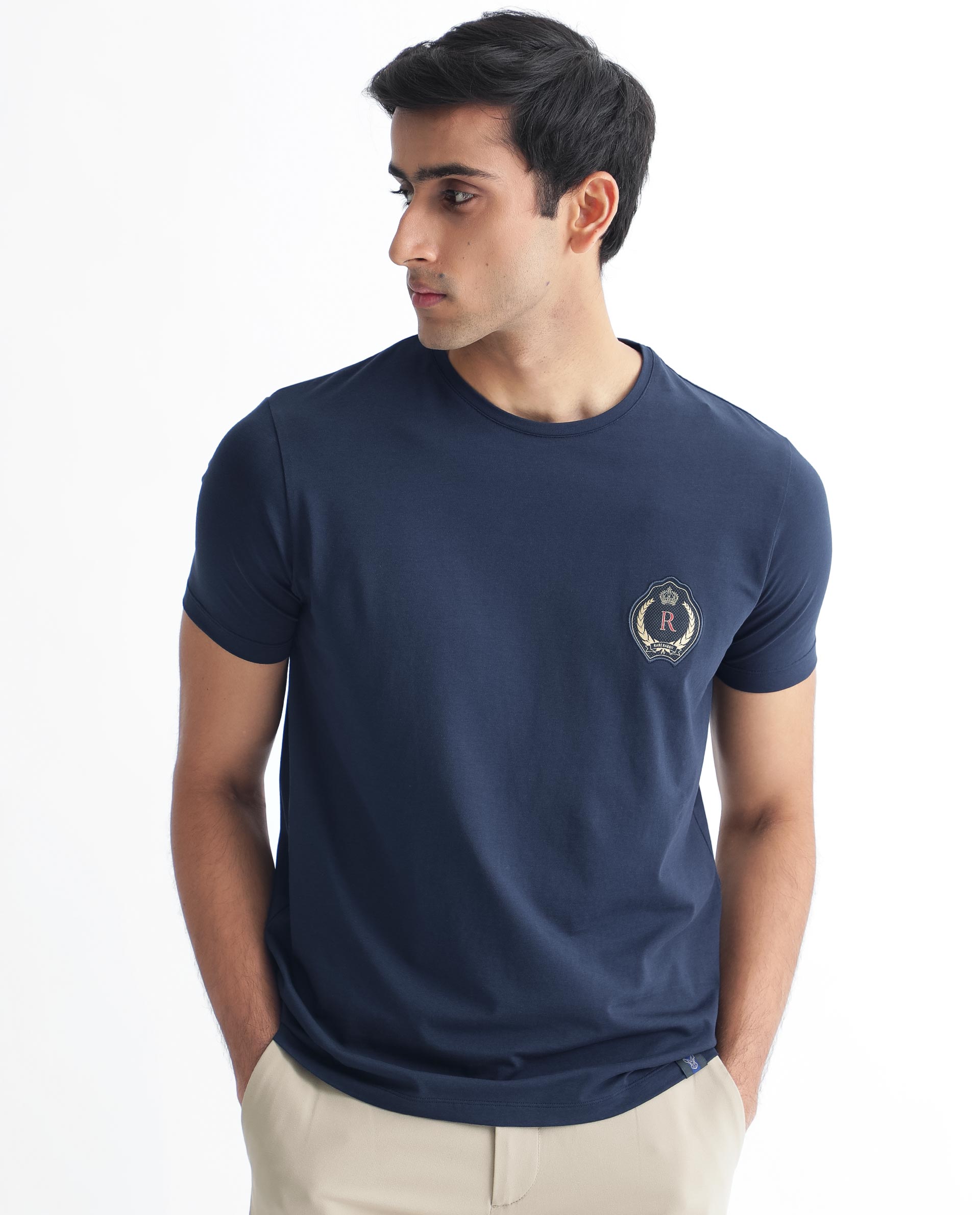 Rare Rabbit Men's Kos Navy Solid Crew Neck Chest Embroidered Label Branding Half Sleeves Regular Fit T-Shirt