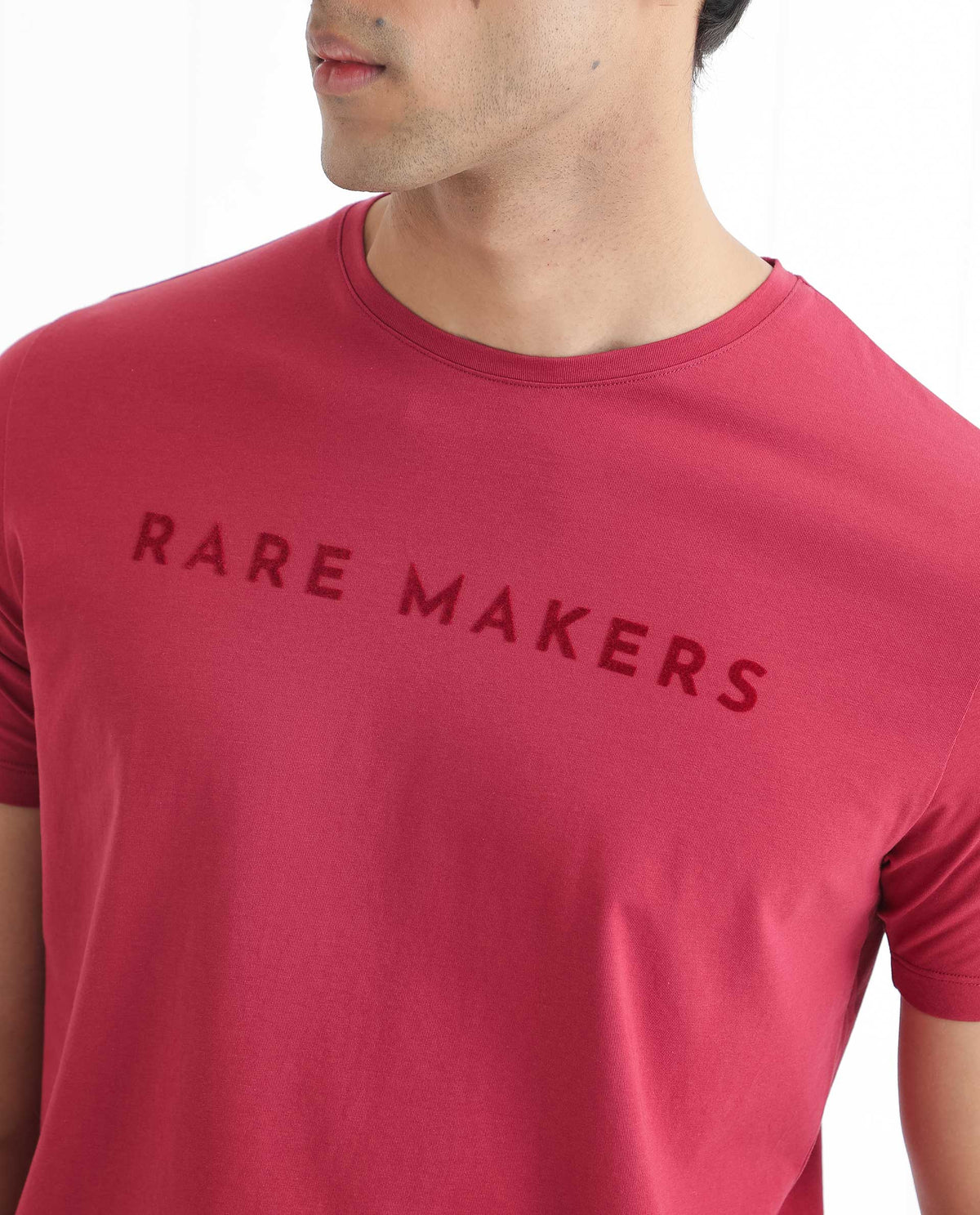 Rare Rabbit Men's Burke Dark Red Crew Neck Half Sleeves Velvet Branding Regular Fit T-Shirt