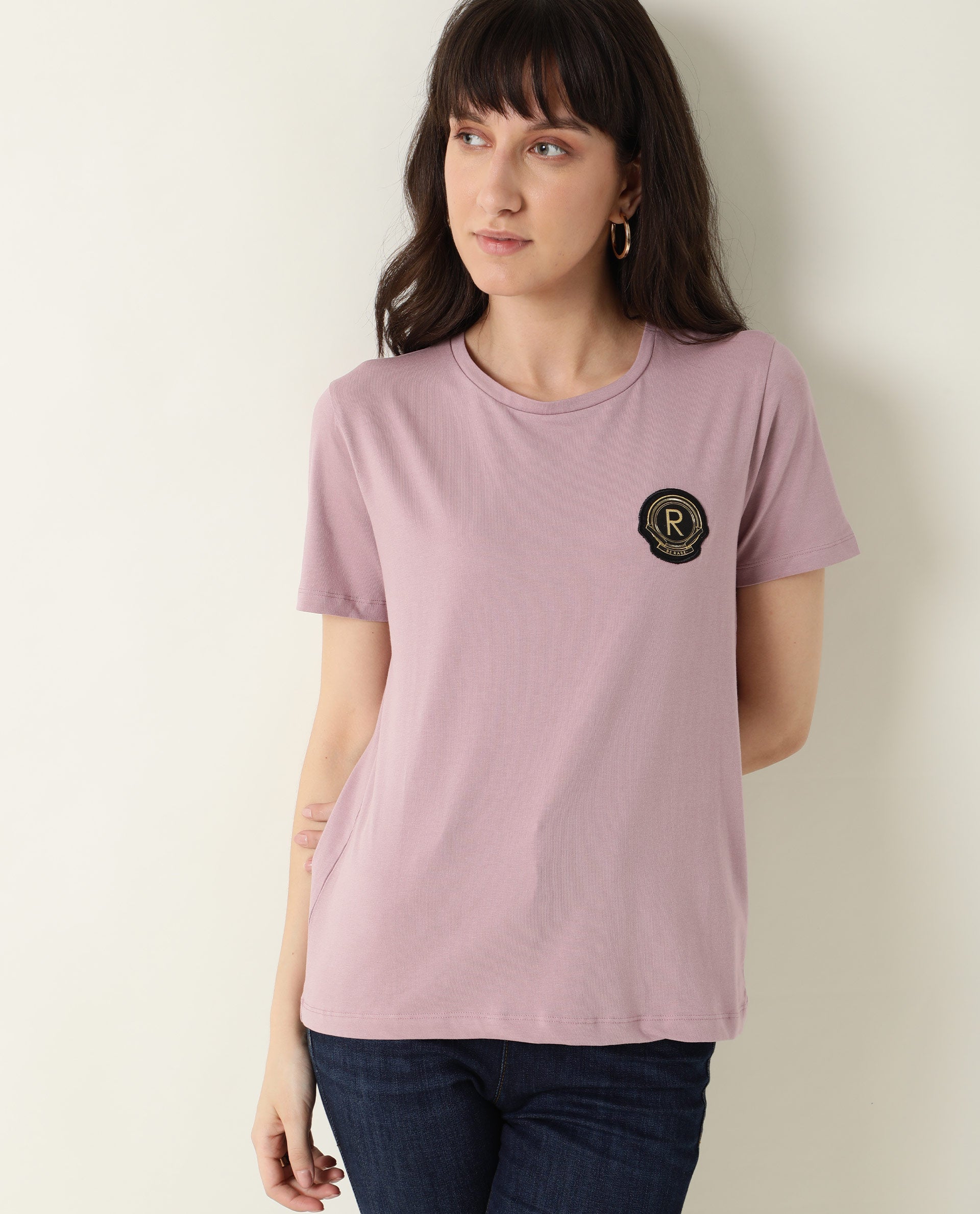 Rareism Women Fuji Pink Cotton Fabric Regular Fit Half Sleeves Graphic Print Crew Neck T-Shirt