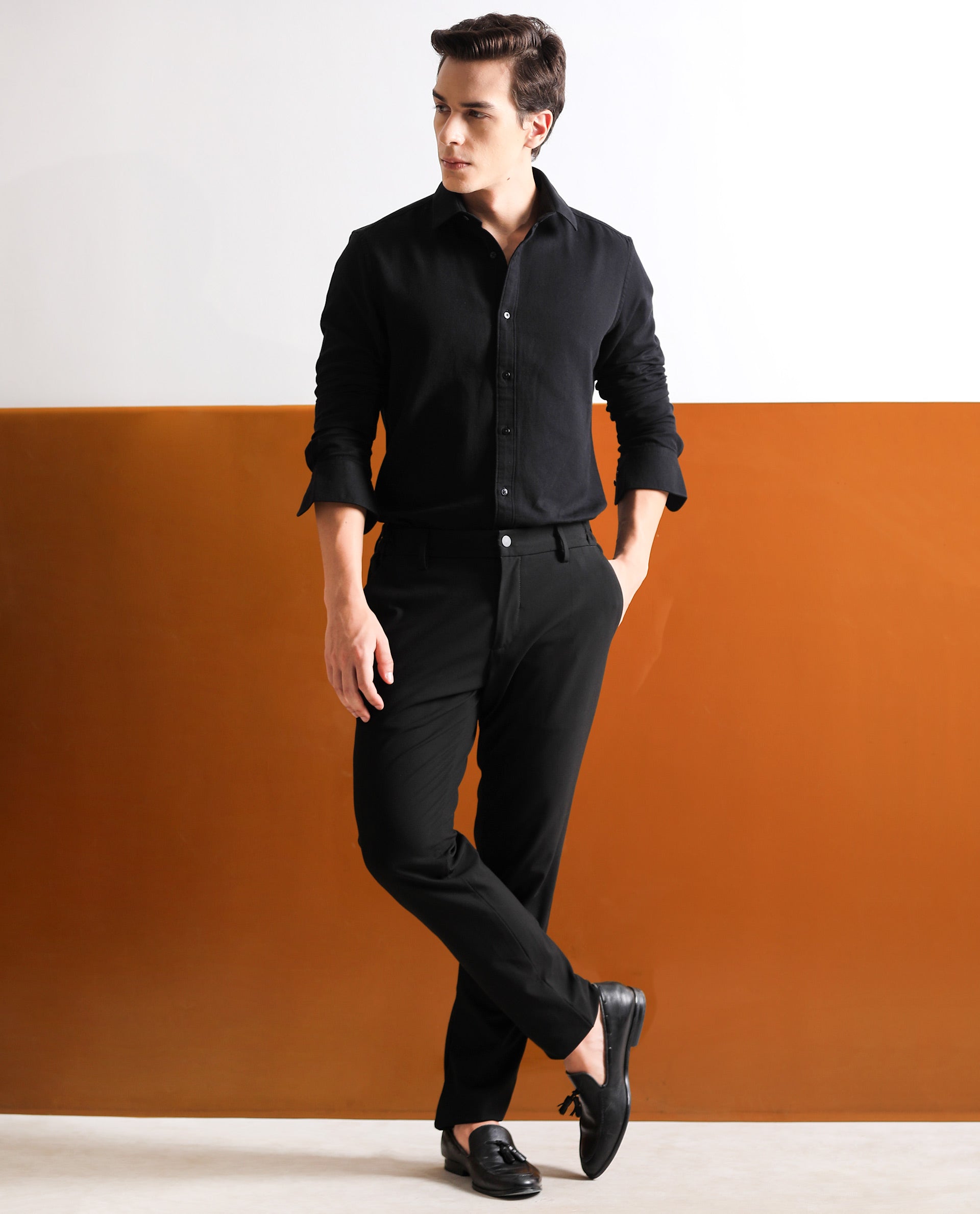 Rare Rabbit Mens Otago Black Cotton Fabric Full Sleeves Regular Fit Solid Shirt