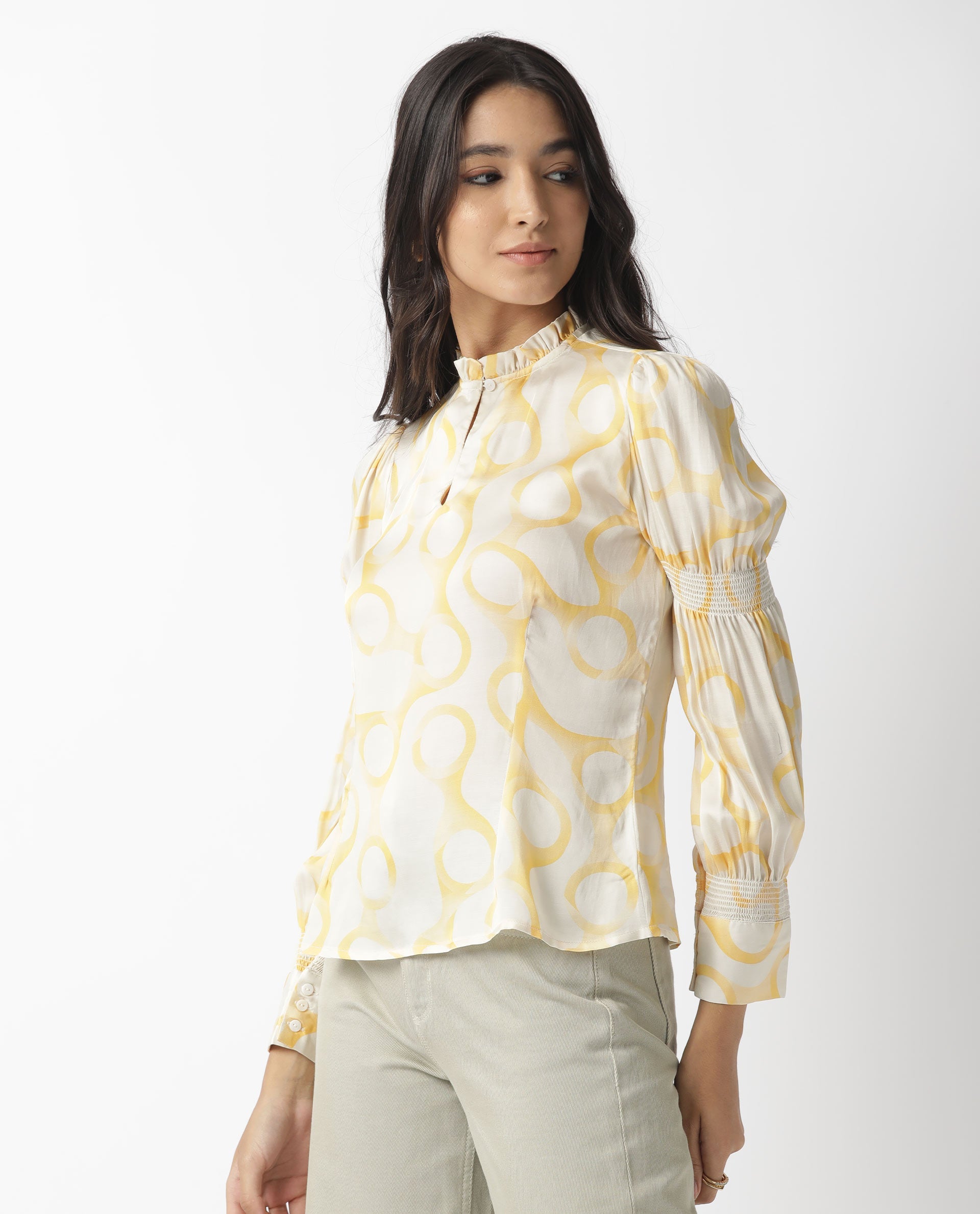 Rareism Women Emm Off White Modal Satin Fabric Slim Fit Ruffled Neck Full Sleeves Print Top